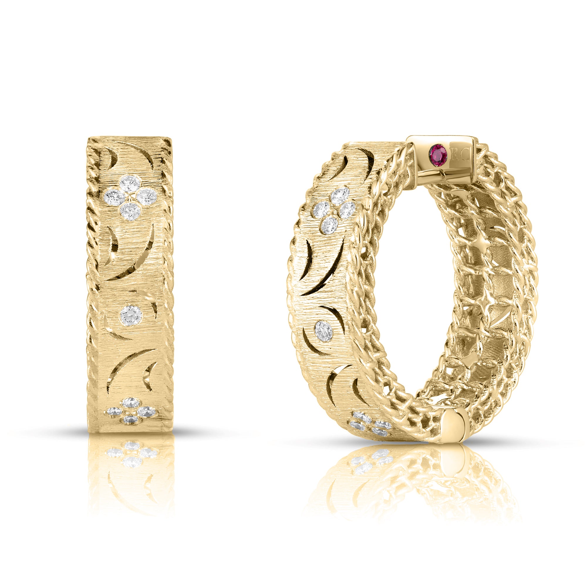 18K YELLOW GOLD PRINCESS DIAMOND & SATIN FINISH HOOP EARRINGS