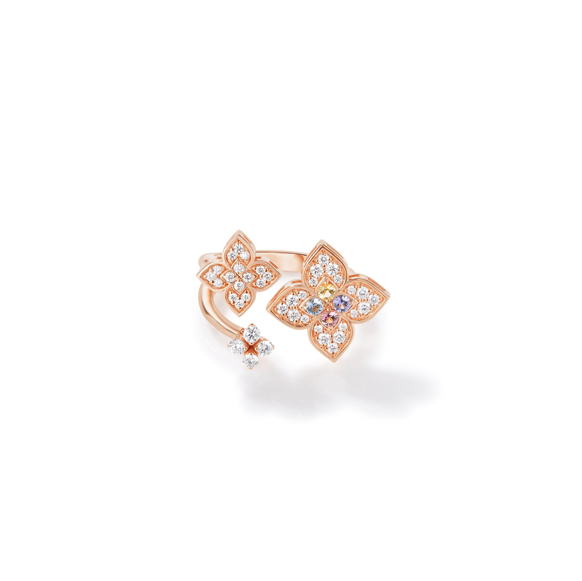 18K ROSE GOLD VENETIAN PRINCESS CARNIVAL PAVE DIAMOND & MIXED STONES (TANZANITE, BLUE TOPAZ, RUBELLITE, & CITRINE) SMALL TRIPLE FLOWER RING