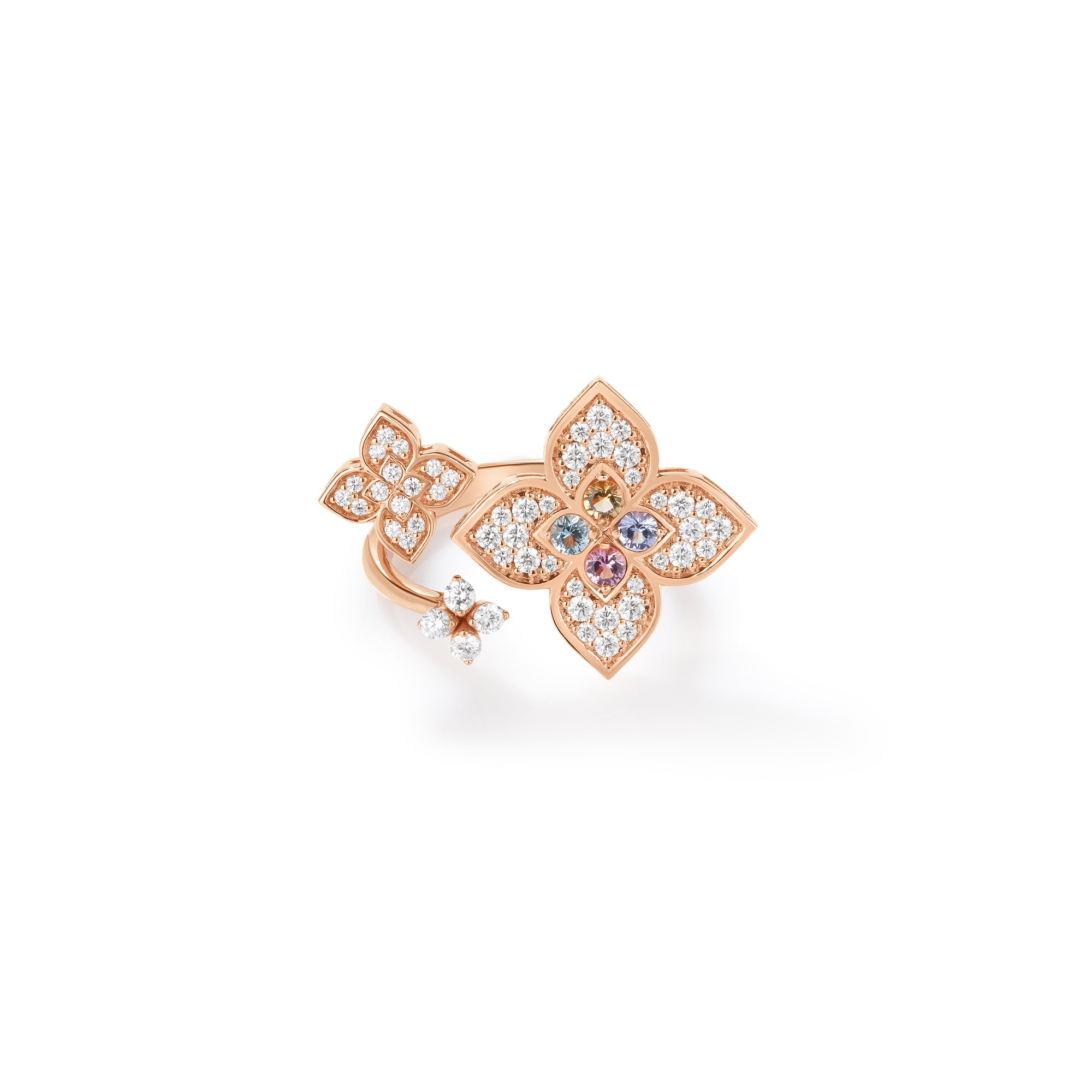 18K ROSE GOLD VENETIAN PRINCESS CARNIVAL PAVE DIAMOND & MIXED STONES (TANZANITE, BLUE TOPAZ, RUBELLITE, & CITRINE) LARGE TRIPLE FLOWER RING
