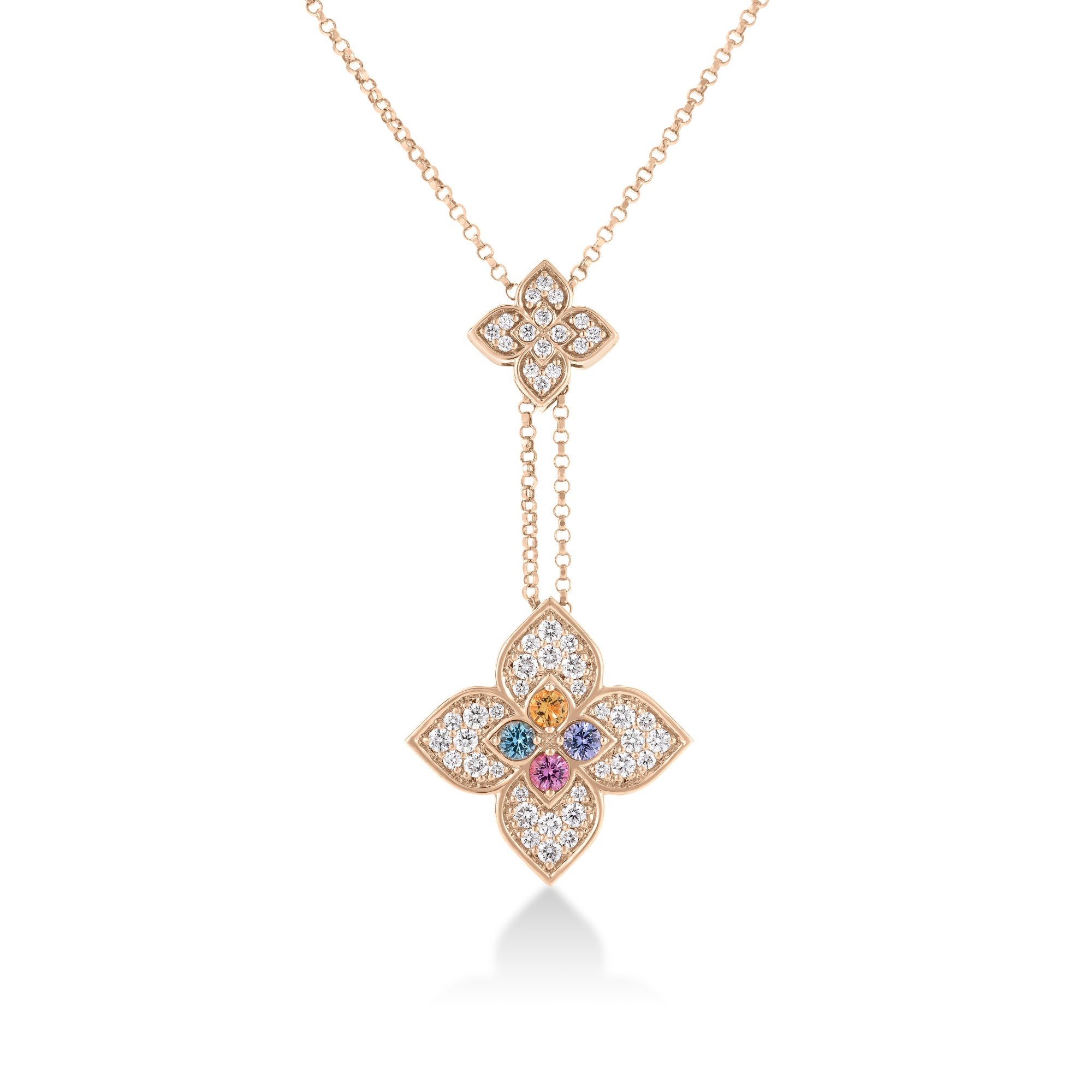 18K ROSE GOLD VENETIAN PRINCESS CARNIVAL PAVE DIAMOND & MIXED STONES (TANZANITE, BLUE TOPAZ, RUBELLITE, & CITRINE) DOUBLE FLOWER DANGLE NECKLACE