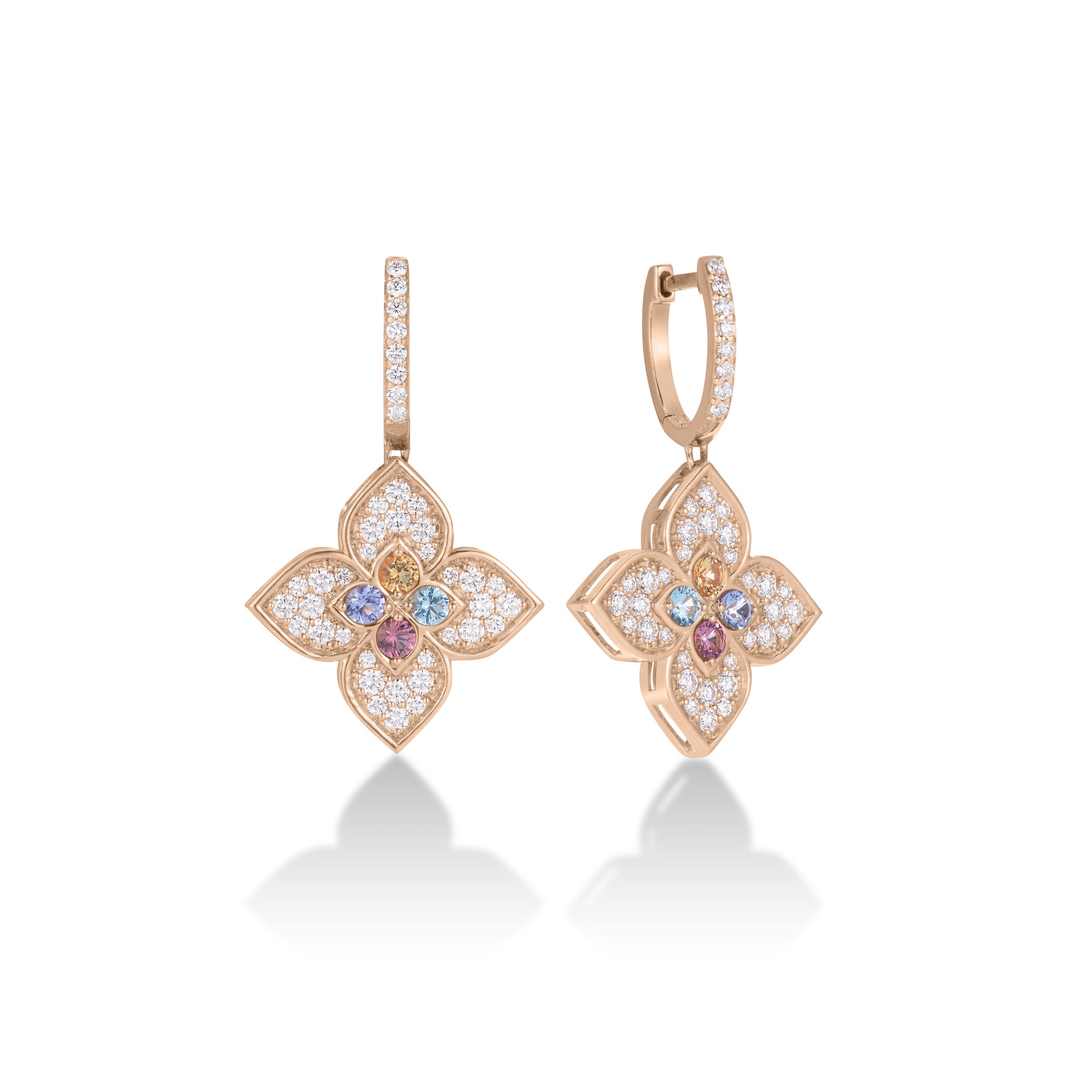 18K ROSE GOLD VENETIAN PRINCESS CARNIVAL PAVE DIAMOND & MIXED STONES (TANZANITE, BLUE TOPAZ, RUBELLITE, & CITRINE) FLOWER DROP EARRINGS