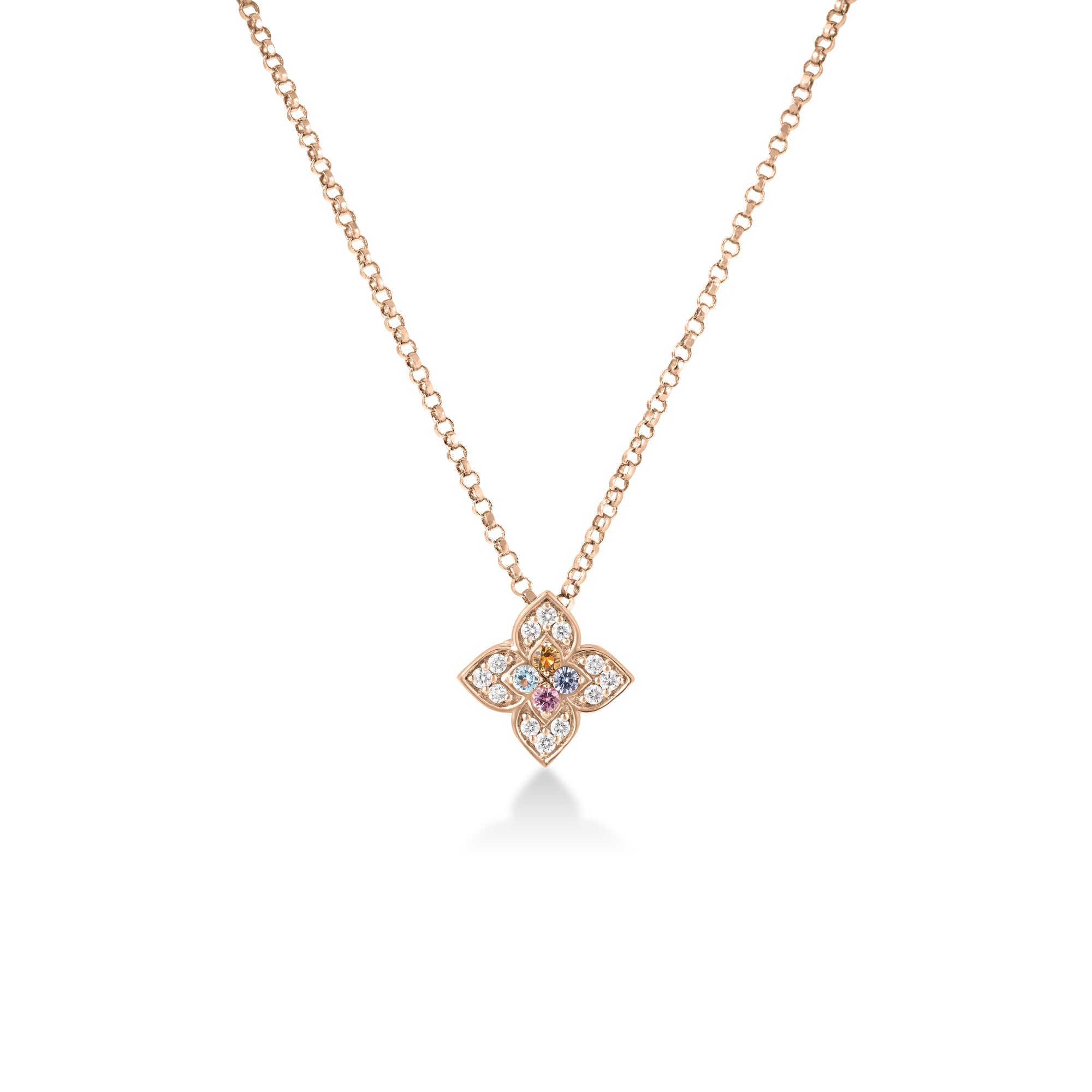 18K ROSE GOLD VENETIAN PRINCESS CARNIVAL PAVE DIAMOND & MIXED STONES (BLUE TOPAZ, CITRINE, RUBELLITE, & TANZANITE) SMALL FLOWER NECKLACE