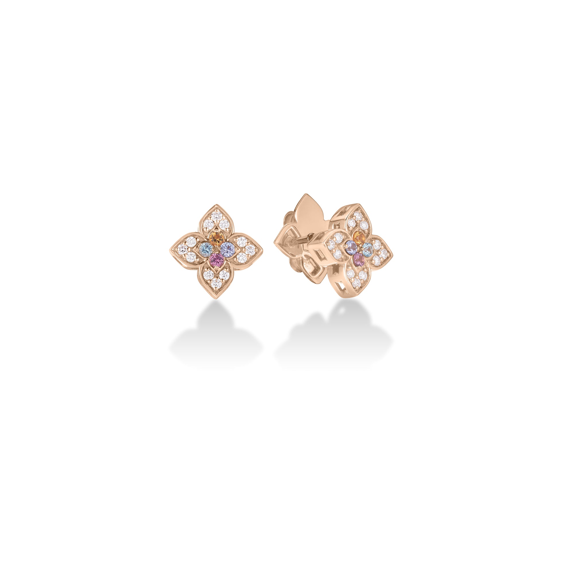 18K ROSE GOLD VENETIAN PRINCESS CARNIVAL PAVE DIAMOND & MIXED STONES (TANZANITE, BLUE TOPAZ, RUBELLITE, & CITRINE) SMALL FLOWER STUD EARRINGS