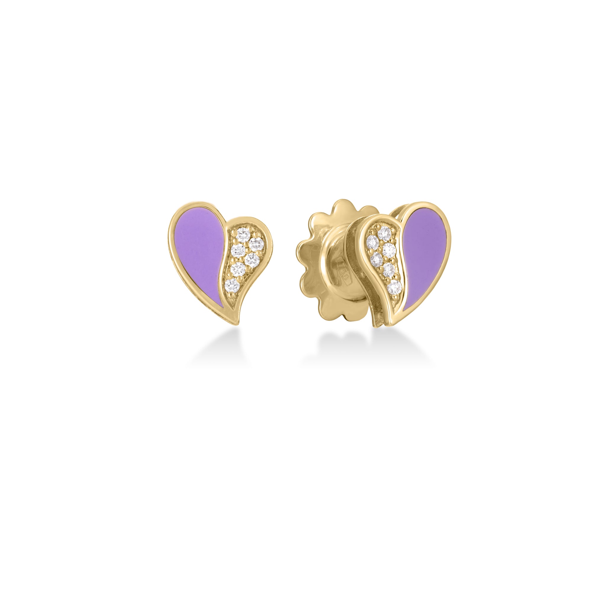 18K YELLOW GOLD AMORINO DIAMOND & LAVENDER ENAMEL FLOWER HEART EARRINGS