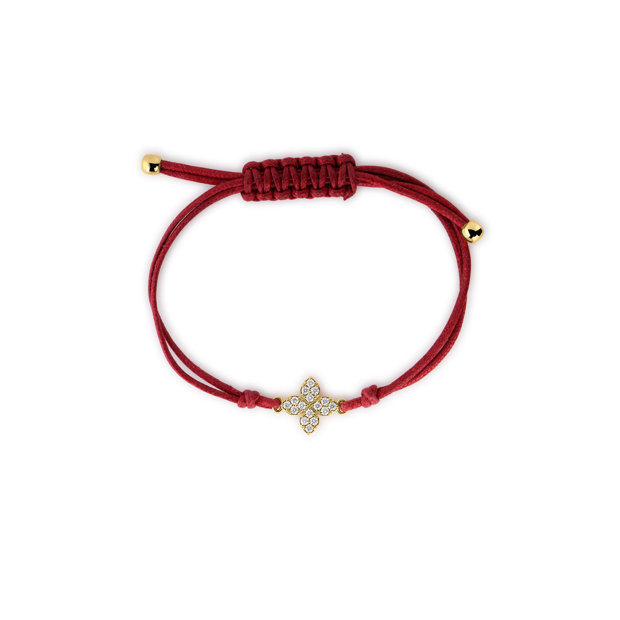 18K YELLOW GOLD LOVE IN VERONA DIAMOND FLOWER & RED SILK COTTON BRACELET
