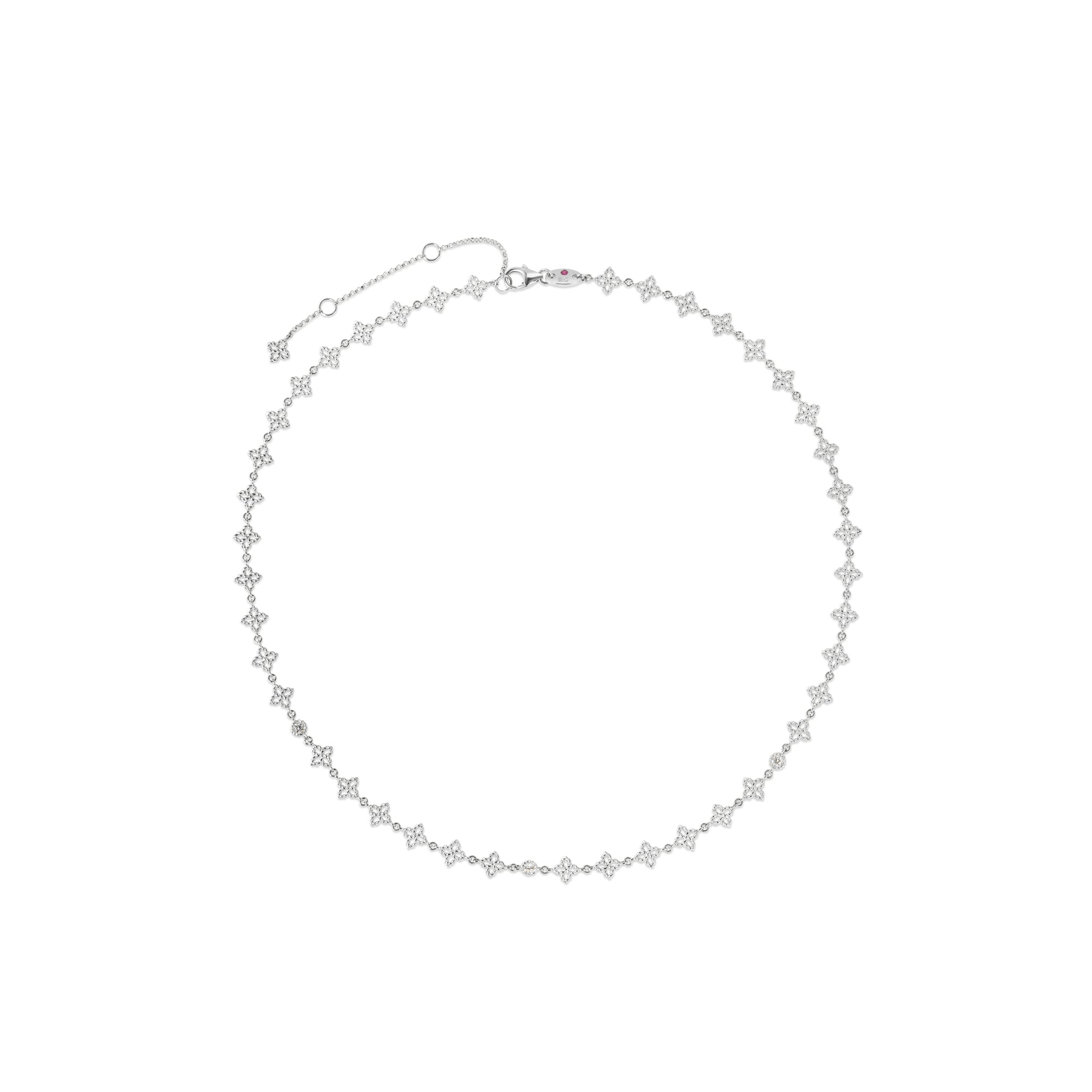 18K WHITE GOLD PRINCESS FLOWER DIAMOND & FLOWER LINK NECKLACE