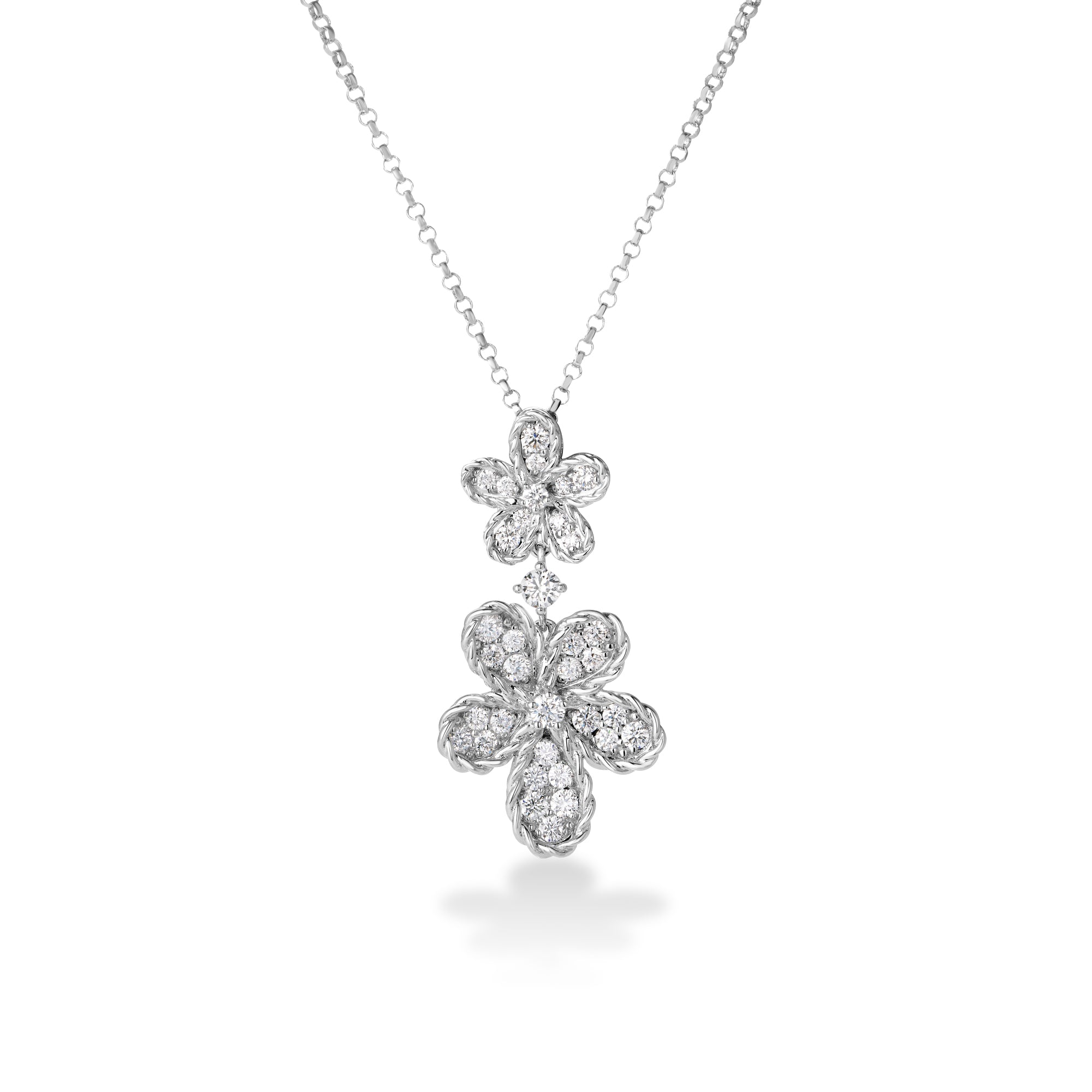 18K WHITE GOLD JASMINE DOUBLE PAVE DIAMOND FLOWER NECKLACE