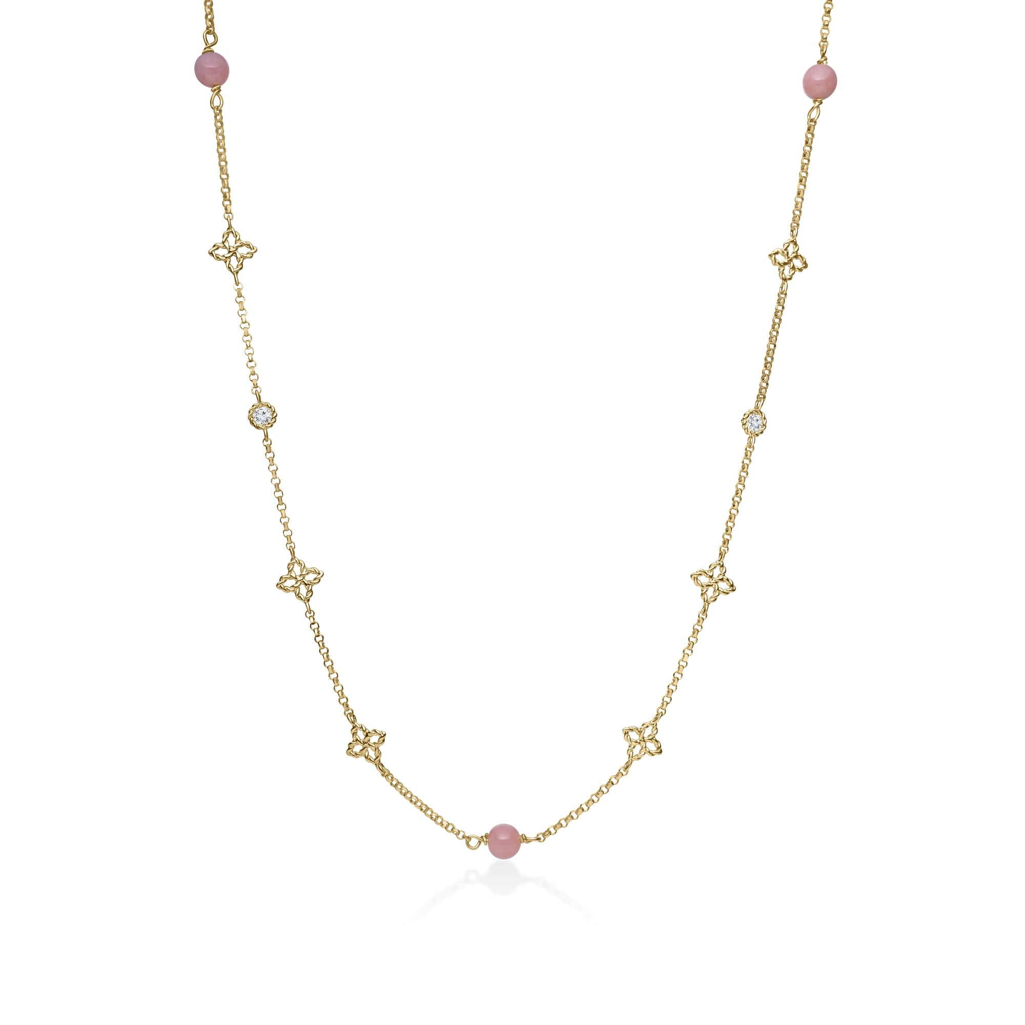 18K YELLOW GOLD PRINCESS FLOWER DIAMOND & PINK OPAL LONG NECKLACE