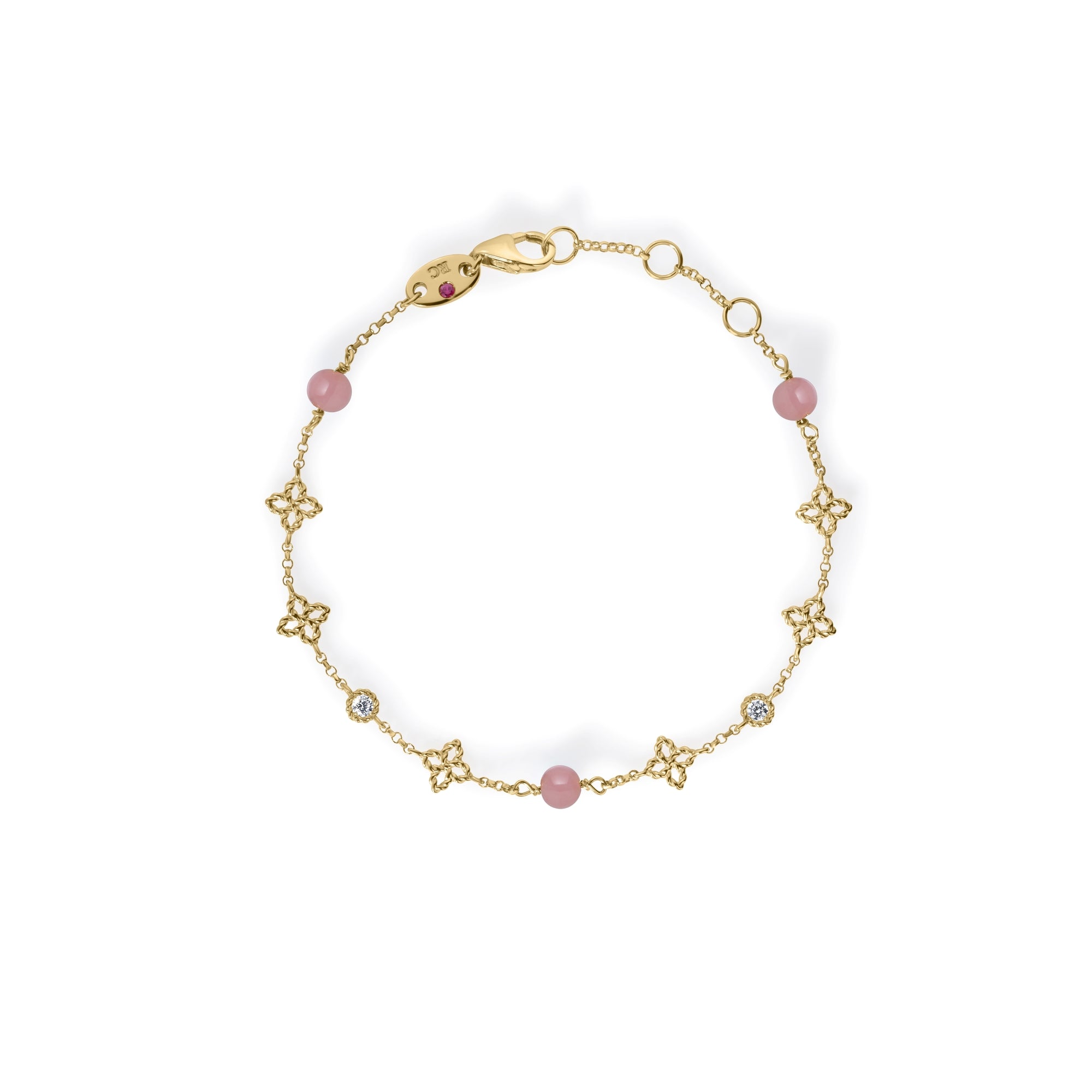 18K YELLOW GOLD PRINCESS FLOWER DIAMOND AND PINK OPAL STATION BRACELET