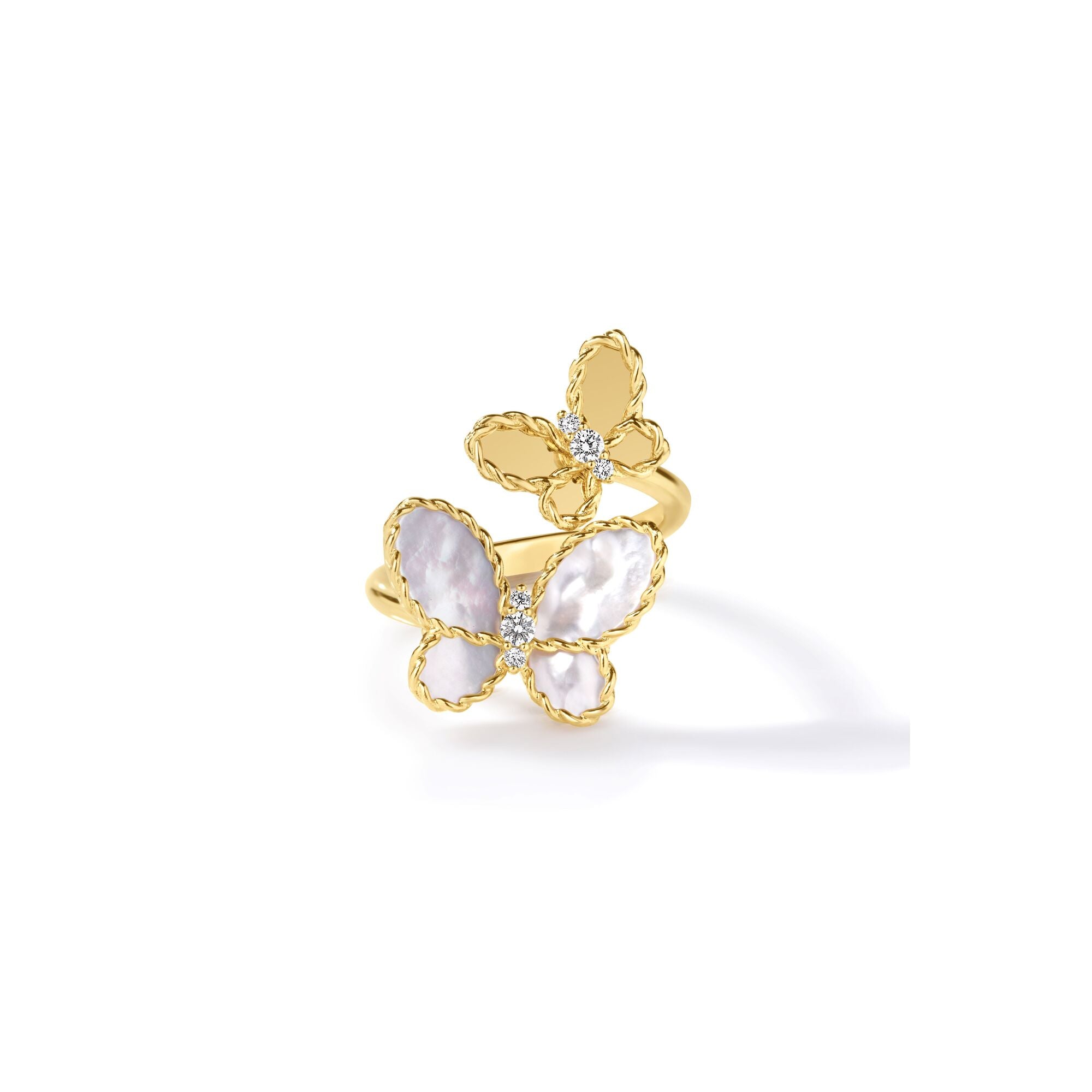18K YELLOW GOLD JASMINE DIAMOND & MOTHER OF PEARL DOUBLE BUTTERFLY RING