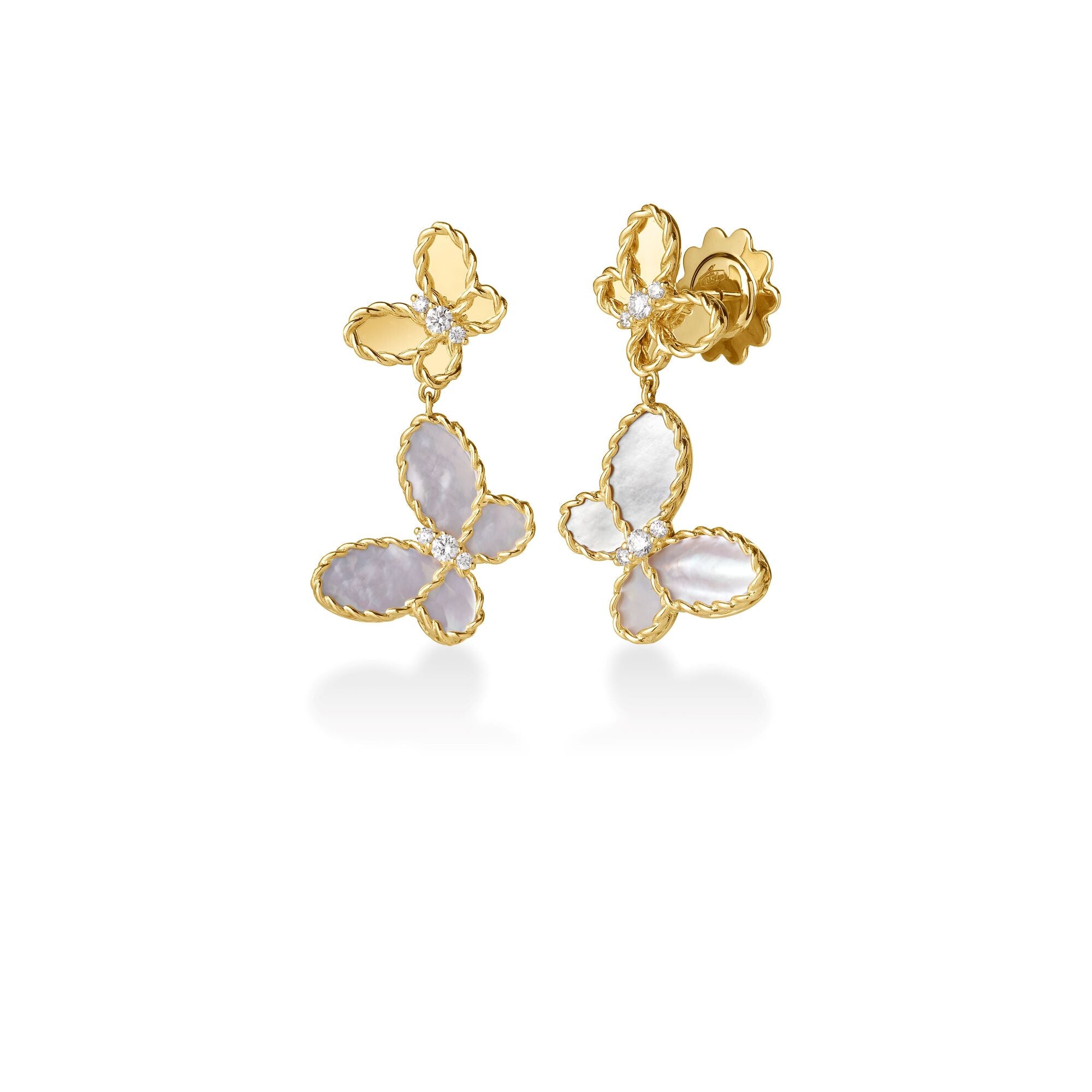 18K YELLOW GOLD JASMINE DIAMOND & MOTHER OF PEARL BUTTERFLY DANGLE EARRINGS