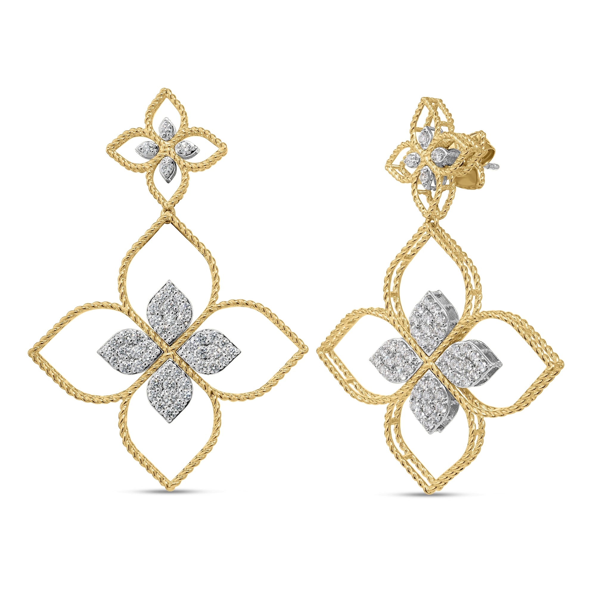 18K YELLOW/WHITE GOLD PRINCESS FLOWER LARGE OPEN FRAME PAVE DIAMOND DROP EARRINGS