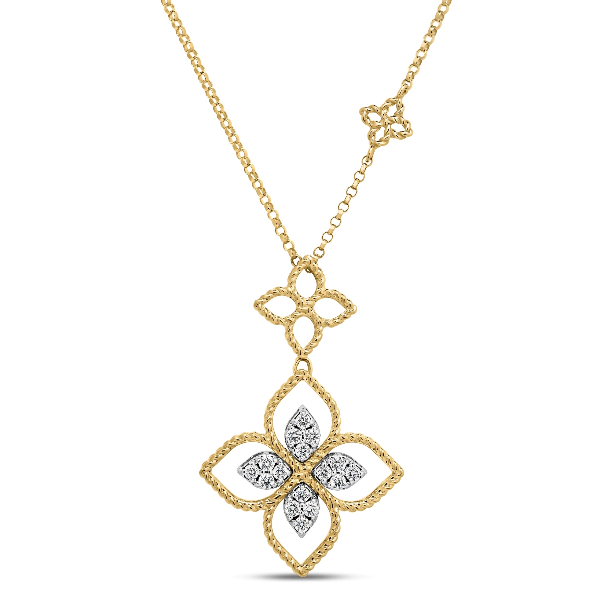18K YELLOW/WHITE GOLD PRINCESS FLOWER OPEN FRAME DOUBLE FLOWER DIAMOND NECKLACE