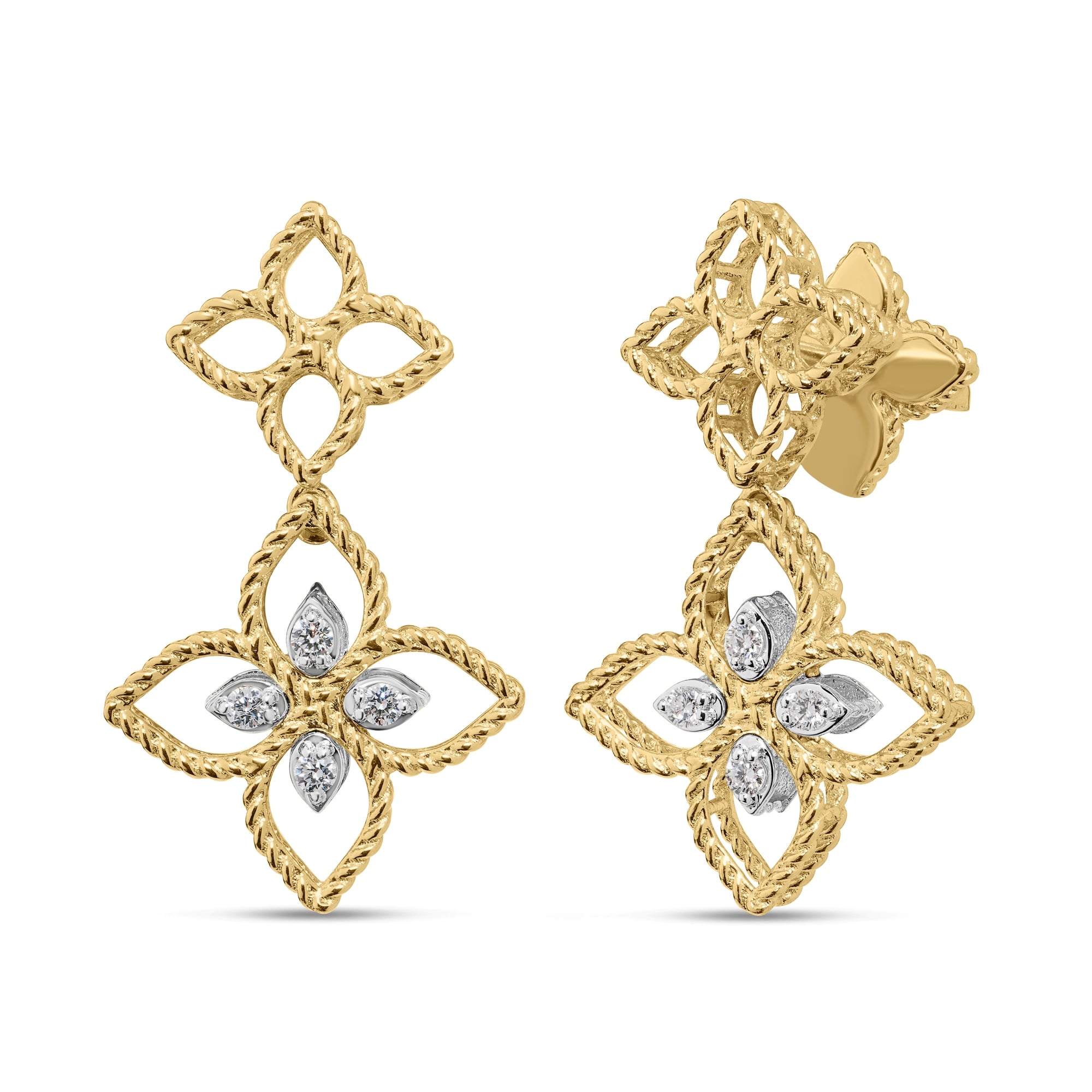 18K YELLOW/WHITE GOLD PRINCESS FLOWER OPEN FRAME DIAMOND DROP EARRINGS