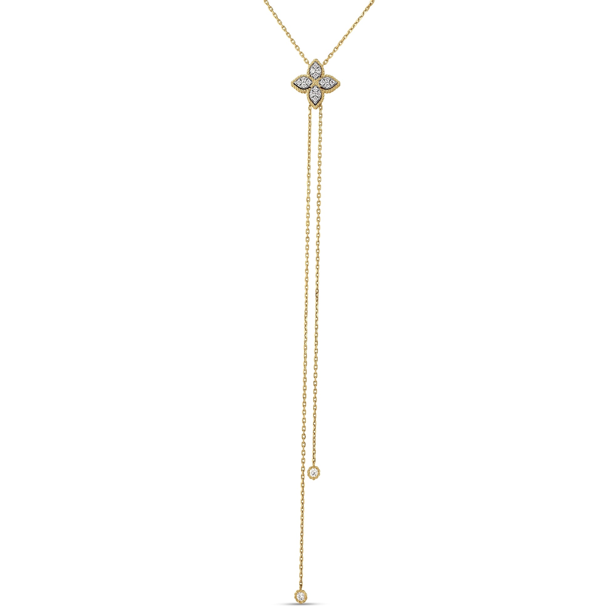 18K YELLOW/WHITE GOLD PRINCESS FLOWER PAVE DIAMOND LARIAT NECKLACE