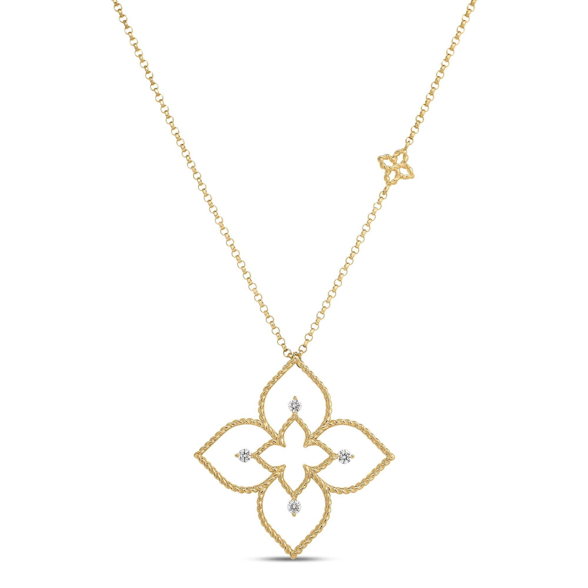 18K YELLOW/WHITE GOLD PRINCESS FLOWER OPEN FRAME DIAMOND NECKLACE