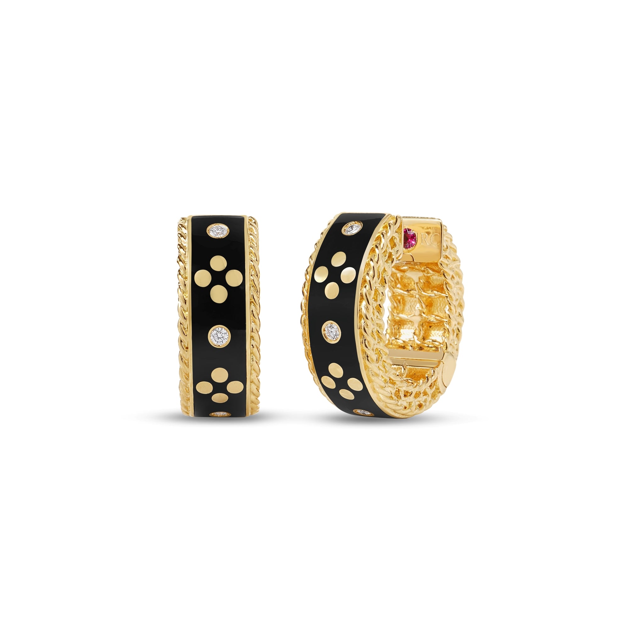 18K YELLOW GOLD VENETIAN PRINCESS DIAMOND AND BLACK ENAMEL HOOP EARRINGS