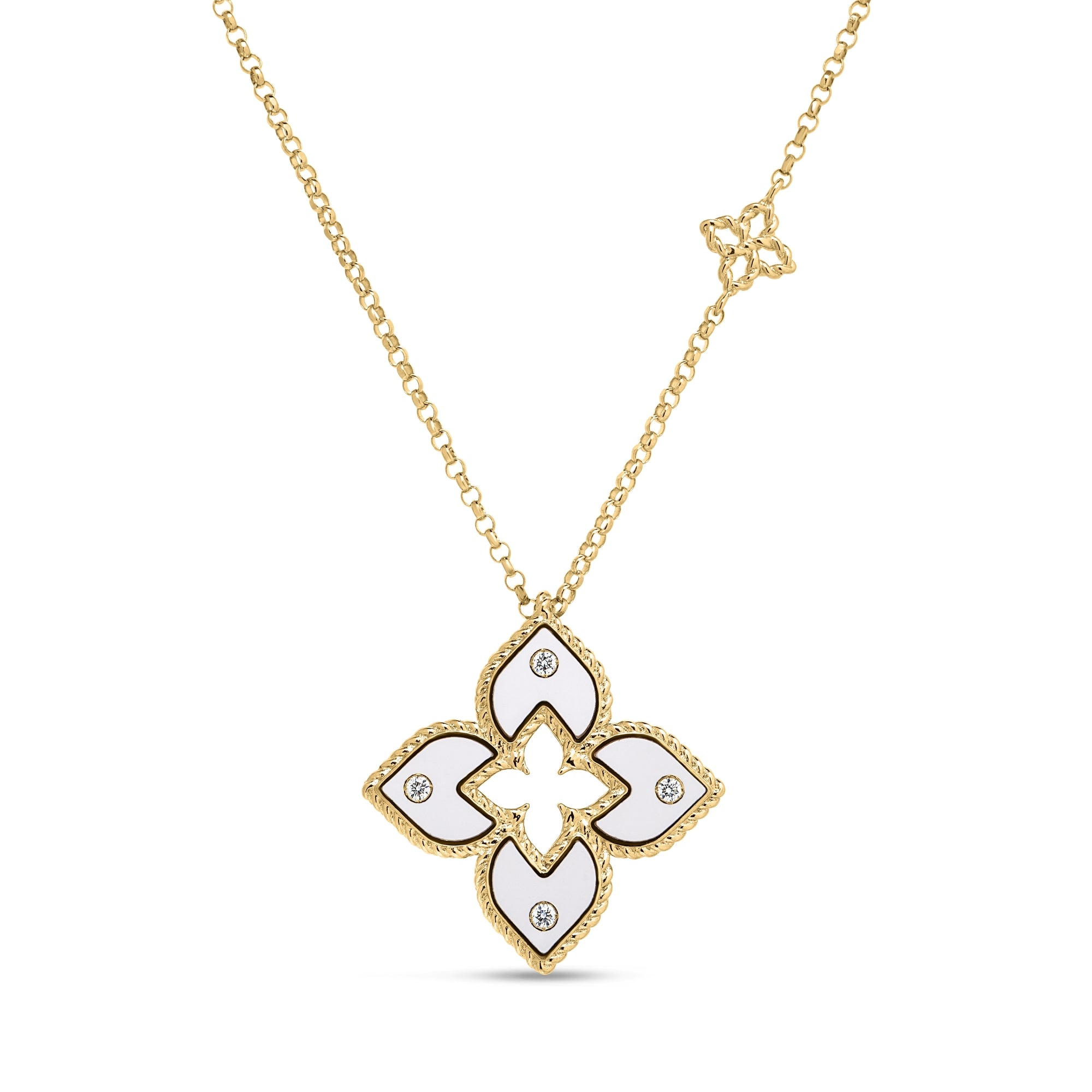 18K YELLOW GOLD VENETIAN PRINCESS DIAMOND AND WHITE ENAMEL FLOWER NECKLACE