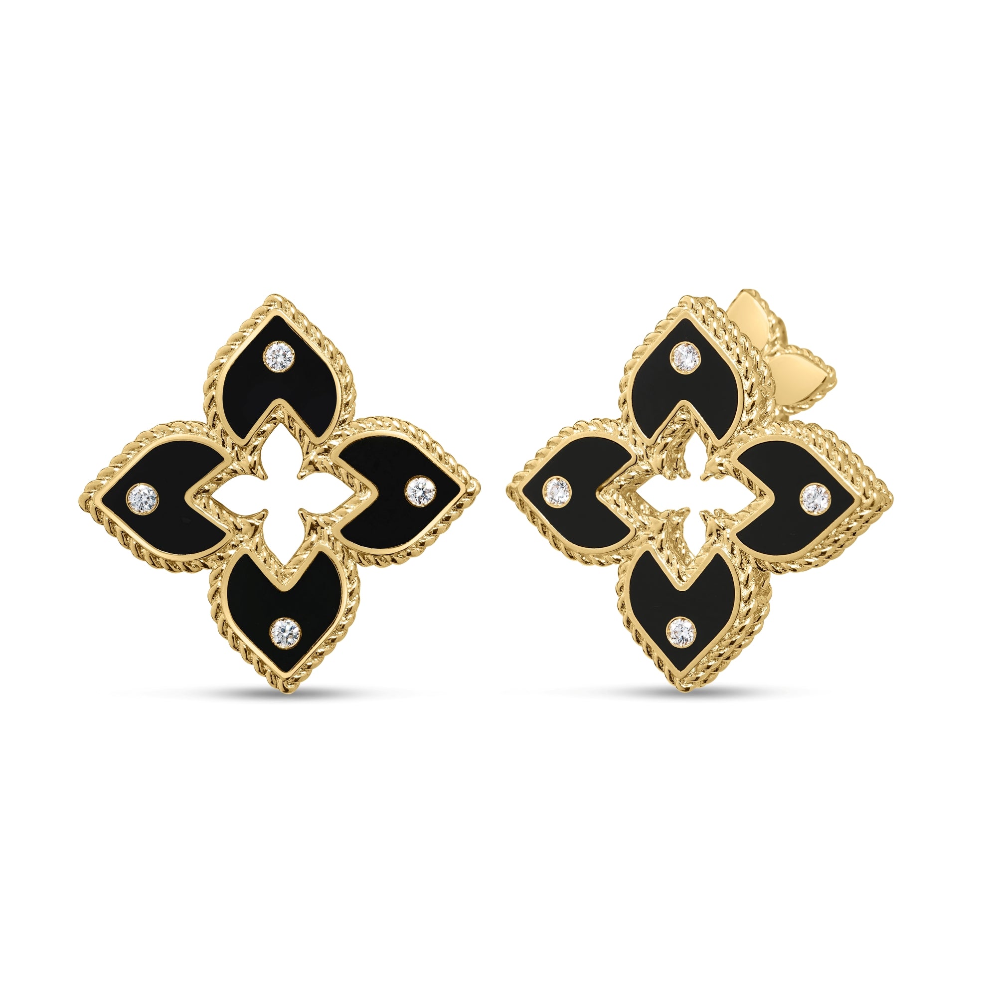 18K YELLOW GOLD VENETIAN PRINCESS DIAMOND AND BLACK ENAMEL FLOWER STUD EARRINGS