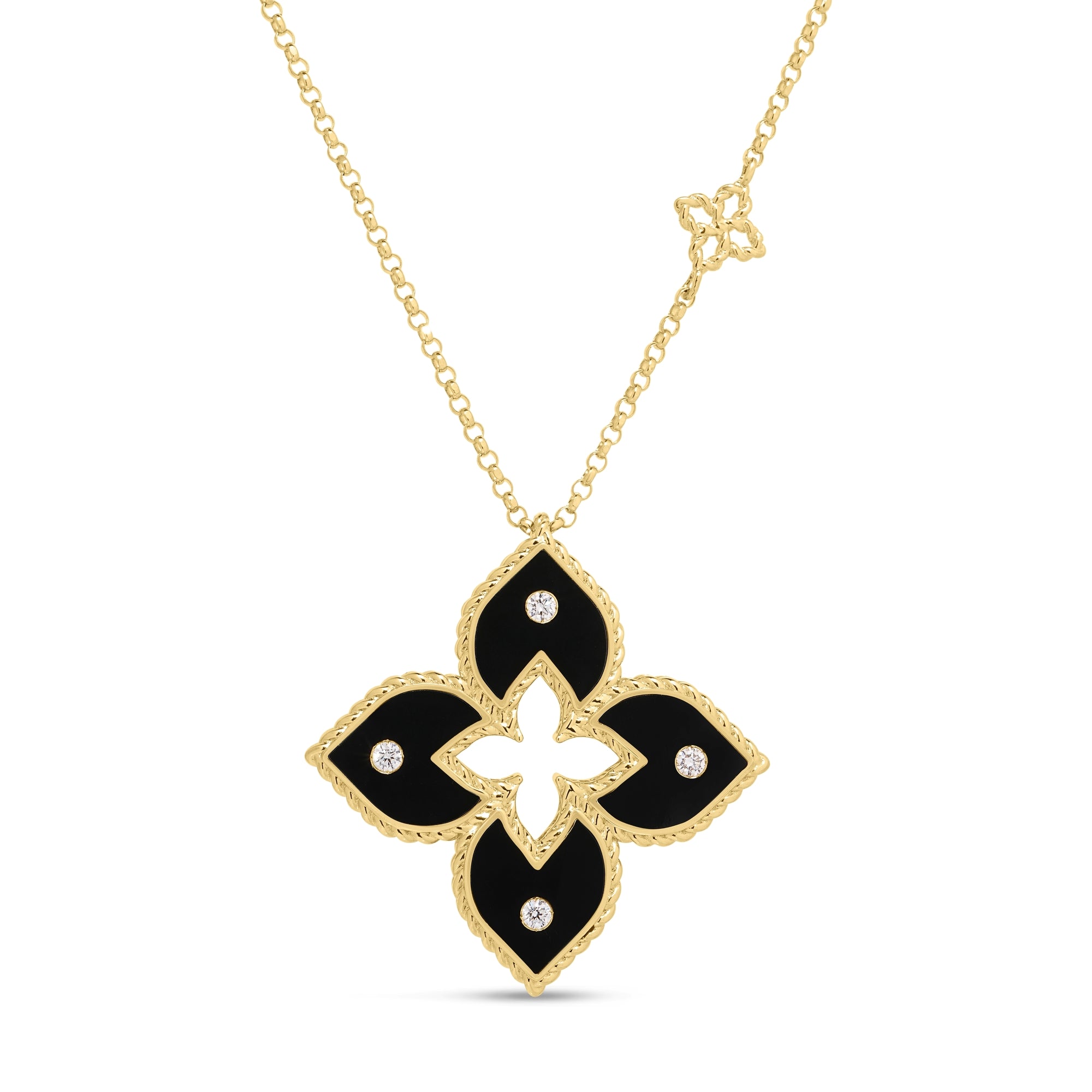 18K YELLOW GOLD VENETIAN PRINCESS DIAMOND AND BLACK ENAMEL LARGE FLOWER NECKLACE