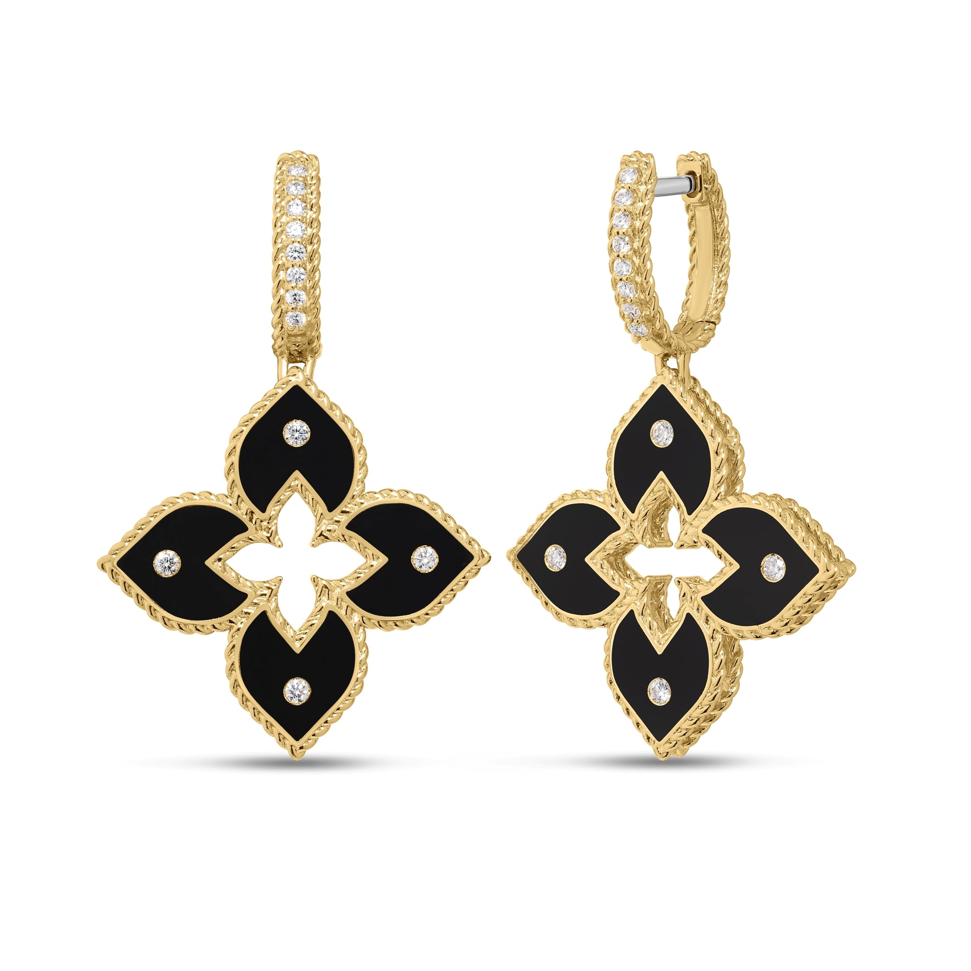18K YELLOW GOLD VENETIAN PRINCESS PAVE DIAMOND AND BLACK ENAMEL FLOWER DROP EARRINGS