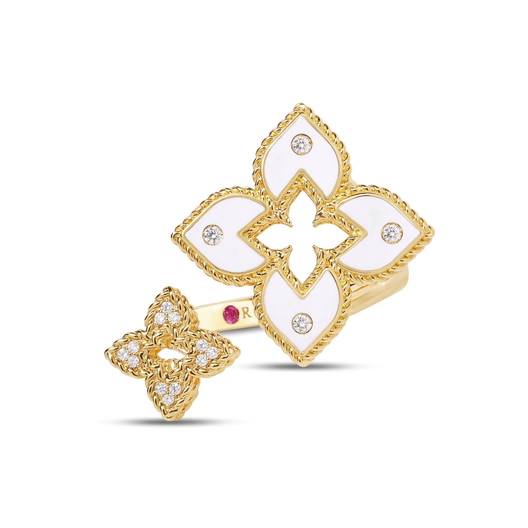 18K YELLOW GOLD VENETIAN PRINCESS DIAMOND AND WHITE ENAMEL DOUBLE FLOWER BYPASS RING