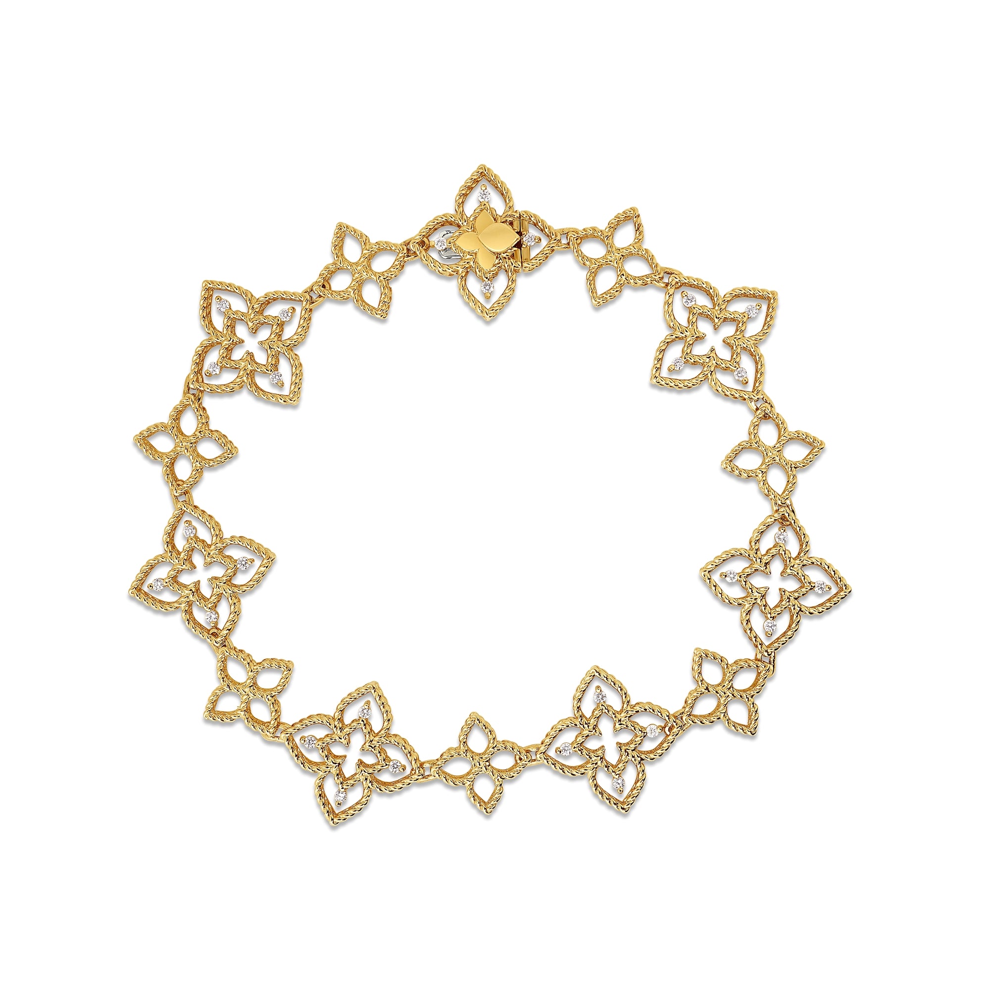 18K YELLOW/WHITE GOLD PRINCESS FLOWER ALTERNATING OPEN FRAME FLOWER DIAMOND BRACELET