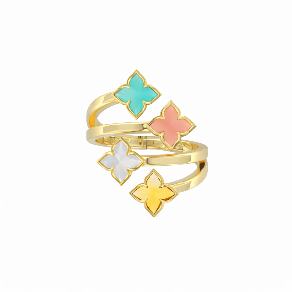 18K YELLOW GOLD VENETIAN PRINCESS CARNIVAL MIXED STONES (AMAZONITE, CITRINE, MOTHER OF PEARL, & PINK OPAL) 4 ROW FLOWER RING
