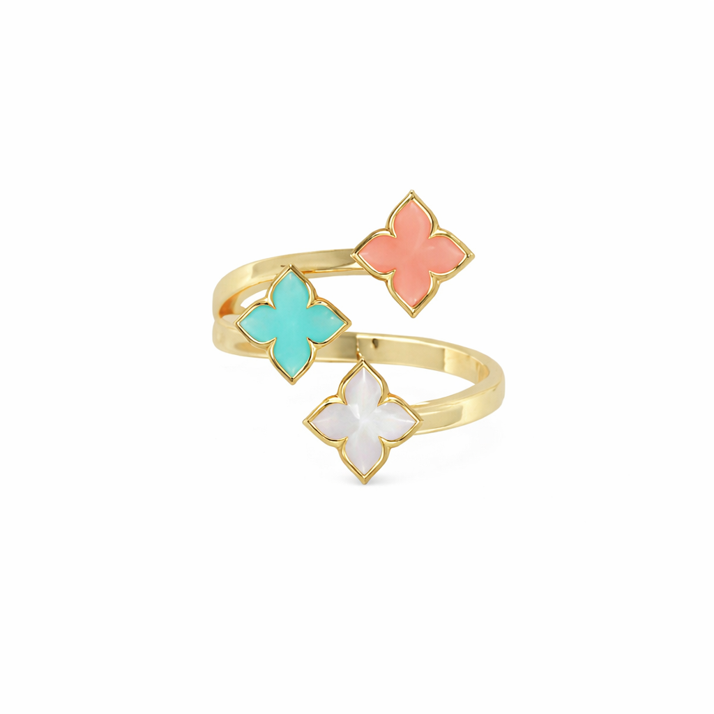 18K YELLOW GOLD VENETIAN PRINCESS CARNIVAL MIXED STONES (AMAZONITE, MOTHER OF PEARL, & PINK OPAL) 3 ROW FLOWER RING