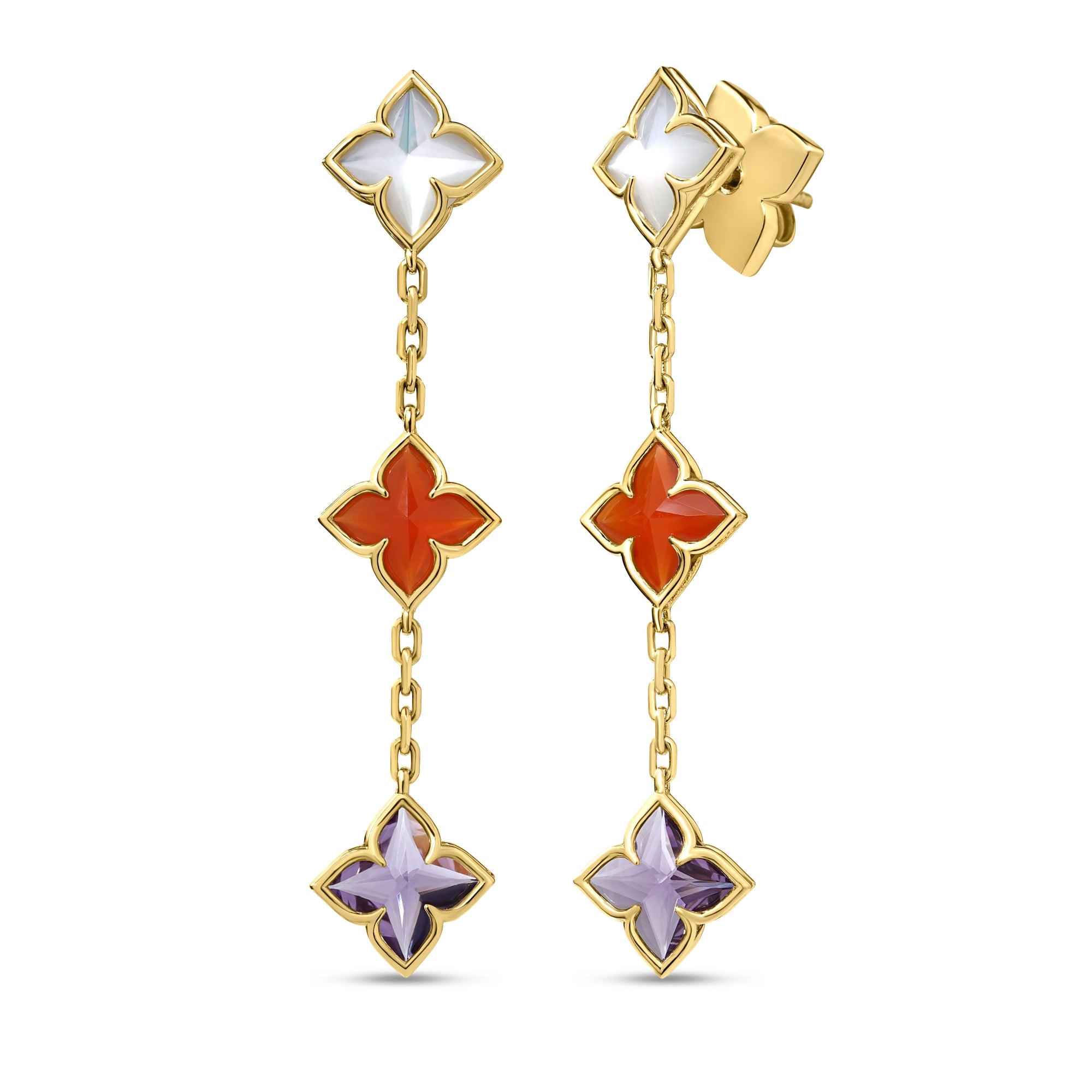 18K YELLOW GOLD VENETIAN PRINCESS CARNIVAL MIXED STONES (AMETHYST, MOTHER OF PEARL, & RED AGATE) FLOWER DANGLE EARRINGS
