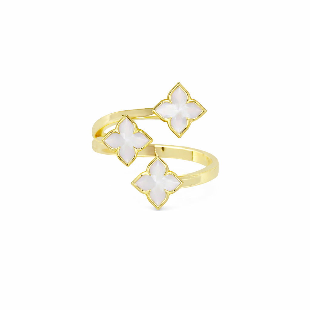 18K YELLOW GOLD VENETIAN PRINCESS CARNIVAL MOTHER OF PEARL 3 ROW FLOWER RING