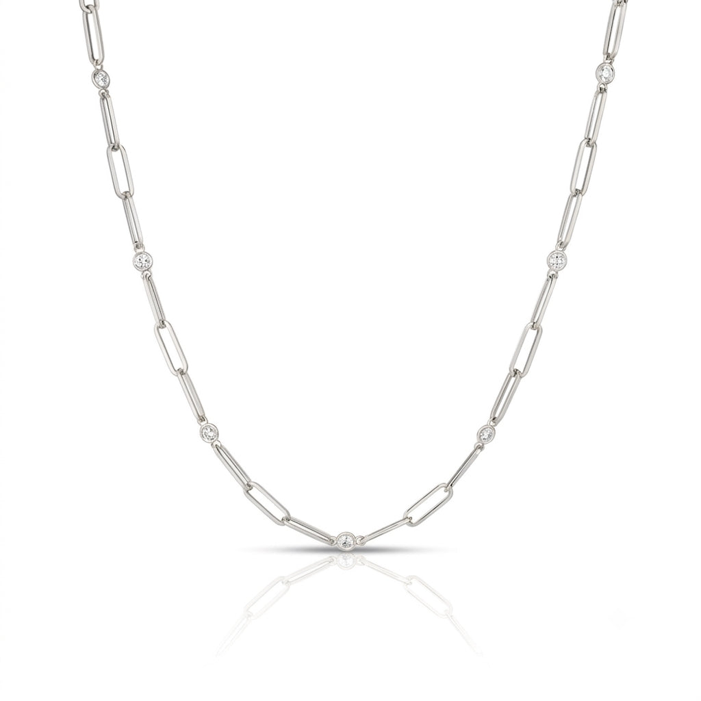 18K WHITE DESIGNER GOLD DIAMOND STATION AND PAPERCLIP LINK CHAIN NECKLACE