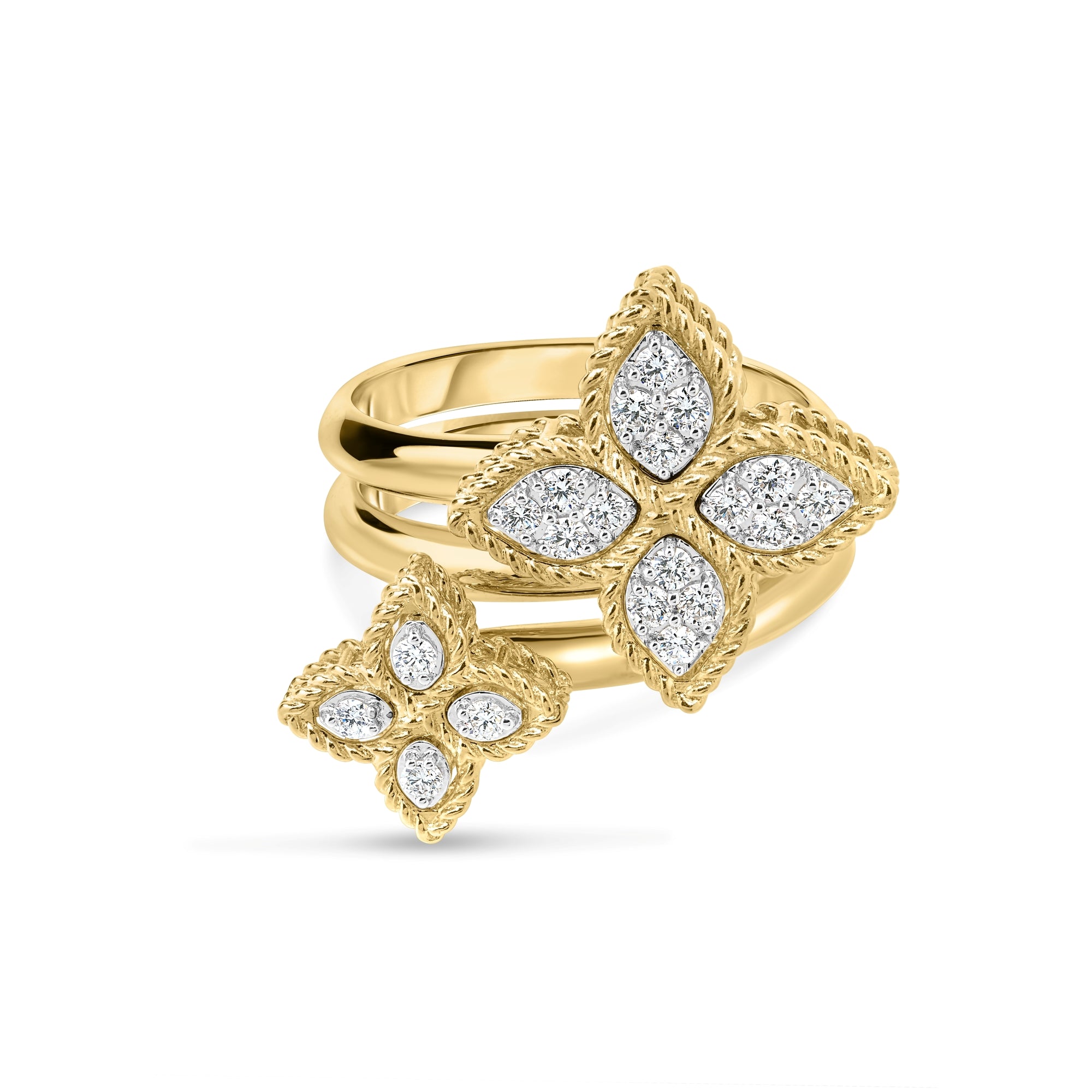 18K YELLOW/WHITE GOLD PRINCESS FLOWER DIAMOND BYPASS RING