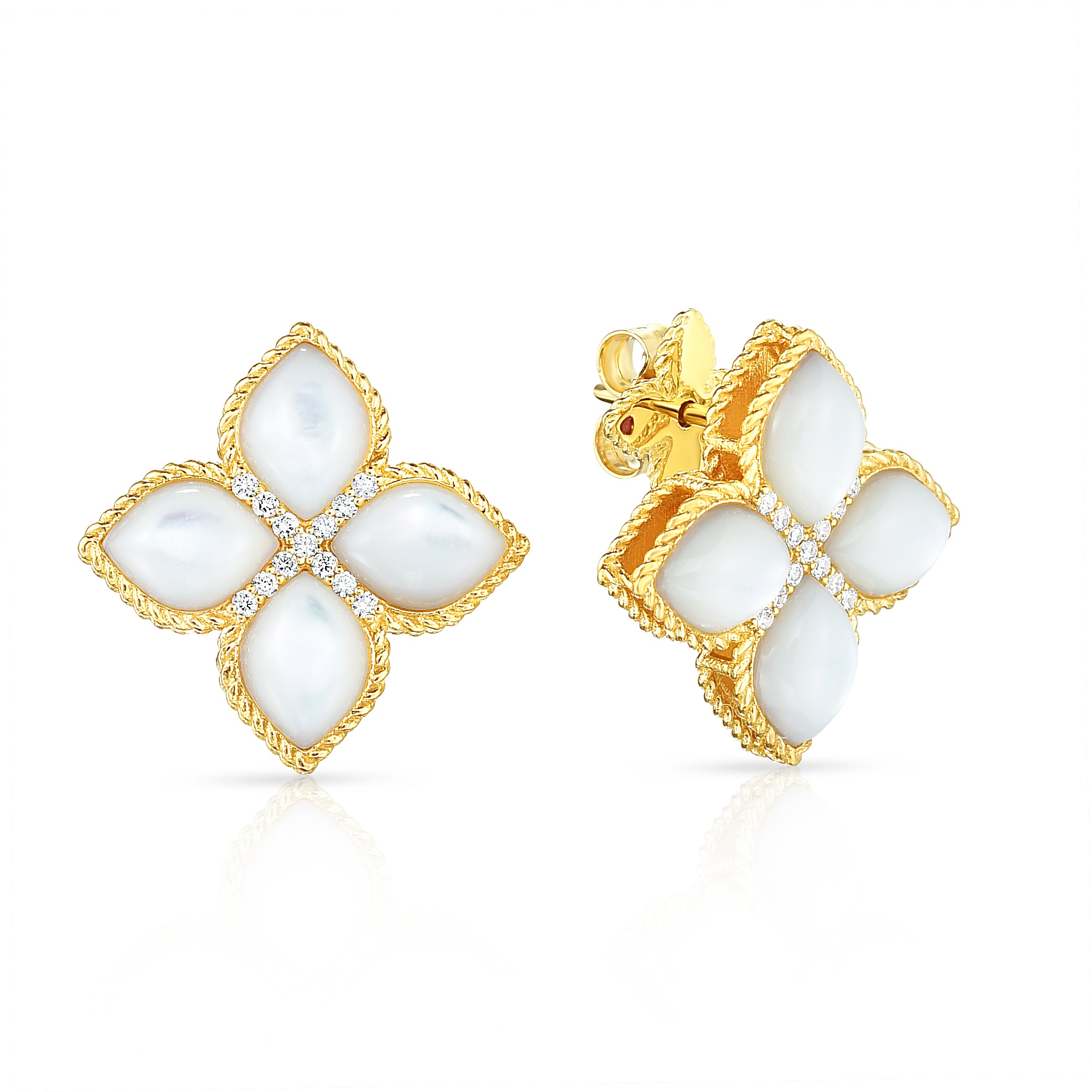 18K YELLOW GOLD VENETIAN PRINCESS LARGE DIAMOND & MOTHER OF PEARL FLOWER STUD EARRINGS