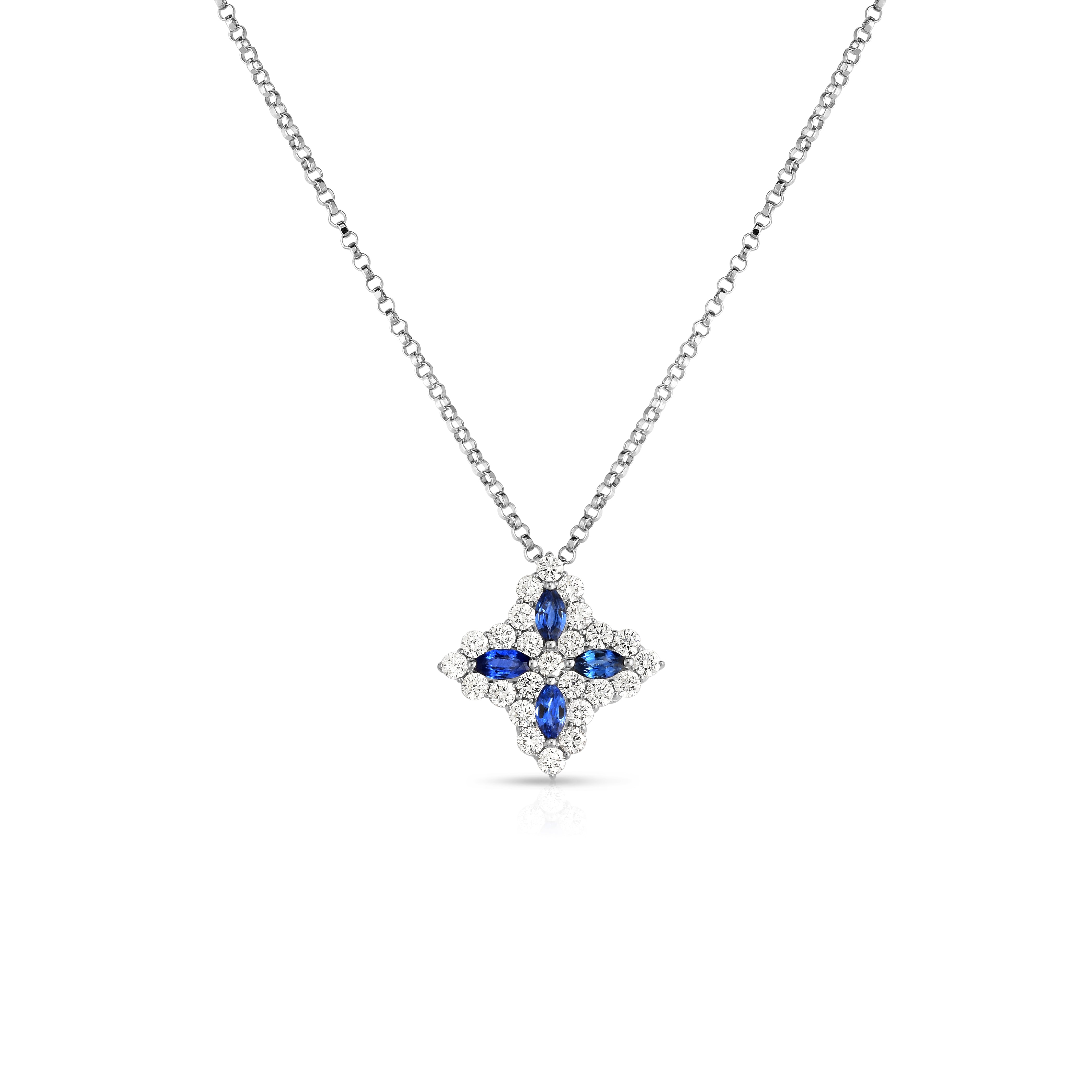 18K WHITE GOLD DIAMOND PRINCESS MEDIUM DIAMOND & BLUE SAPPHIRE NECKLACE
