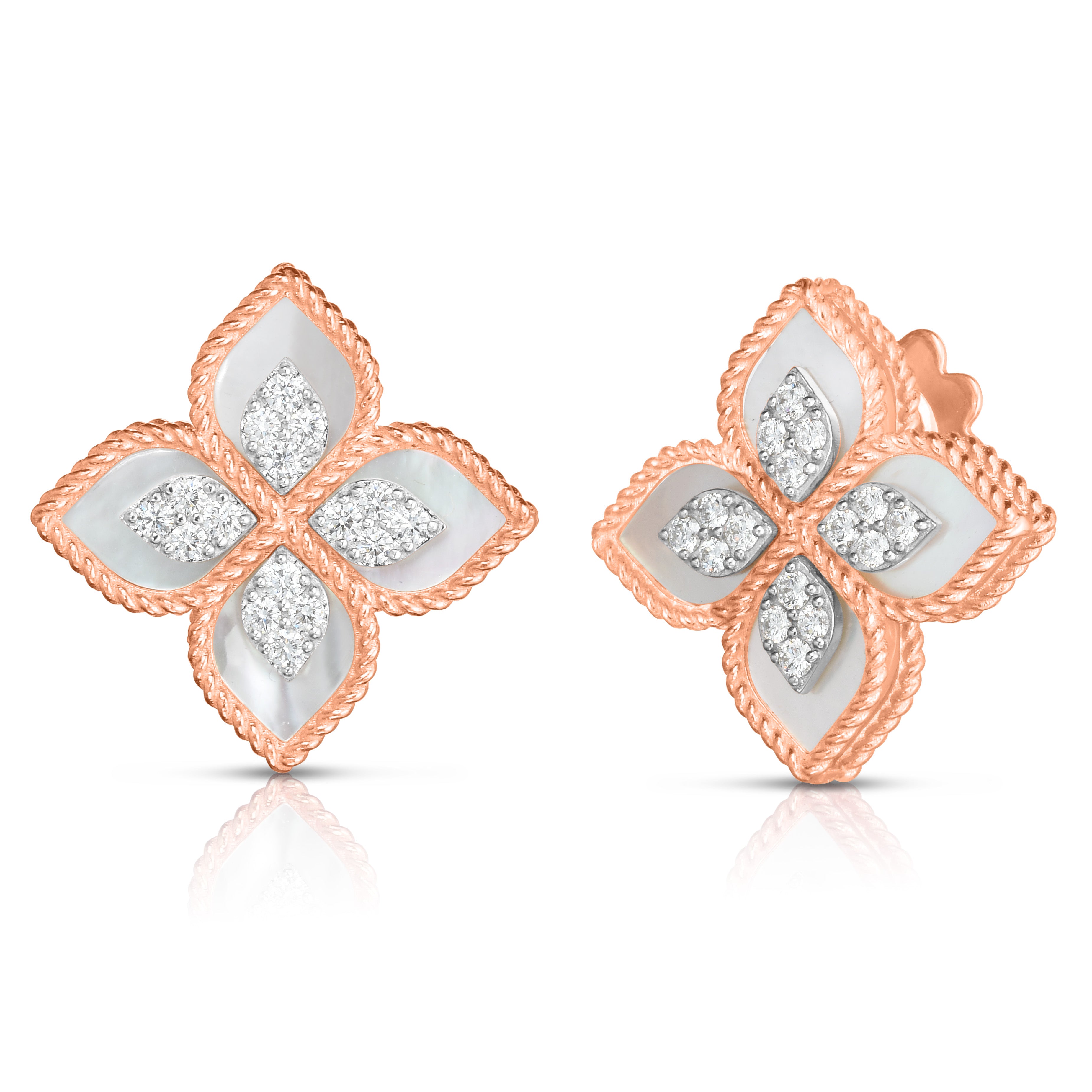 18K ROSE/WHITE GOLD VENETIAN PRINCESS DIAMOND & MOTHER OF PEARL STUD FLOWER EARRINGS