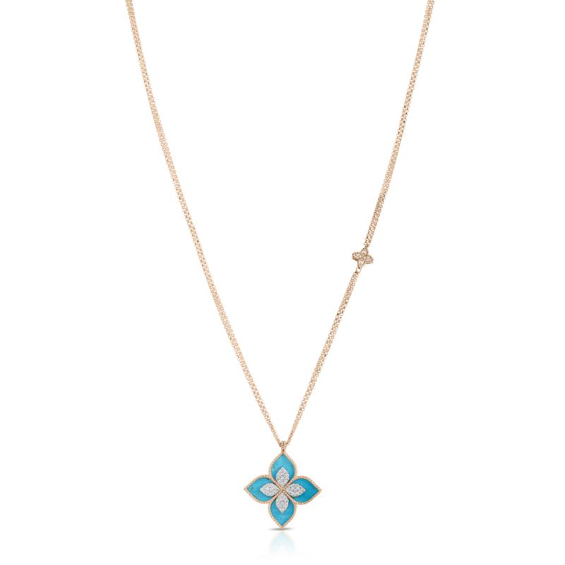 18K ROSE/WHITE GOLD VENETIAN PRINCESS LARGE DIAMOND & TURQUOISE FLOWER LONG NECKLACE