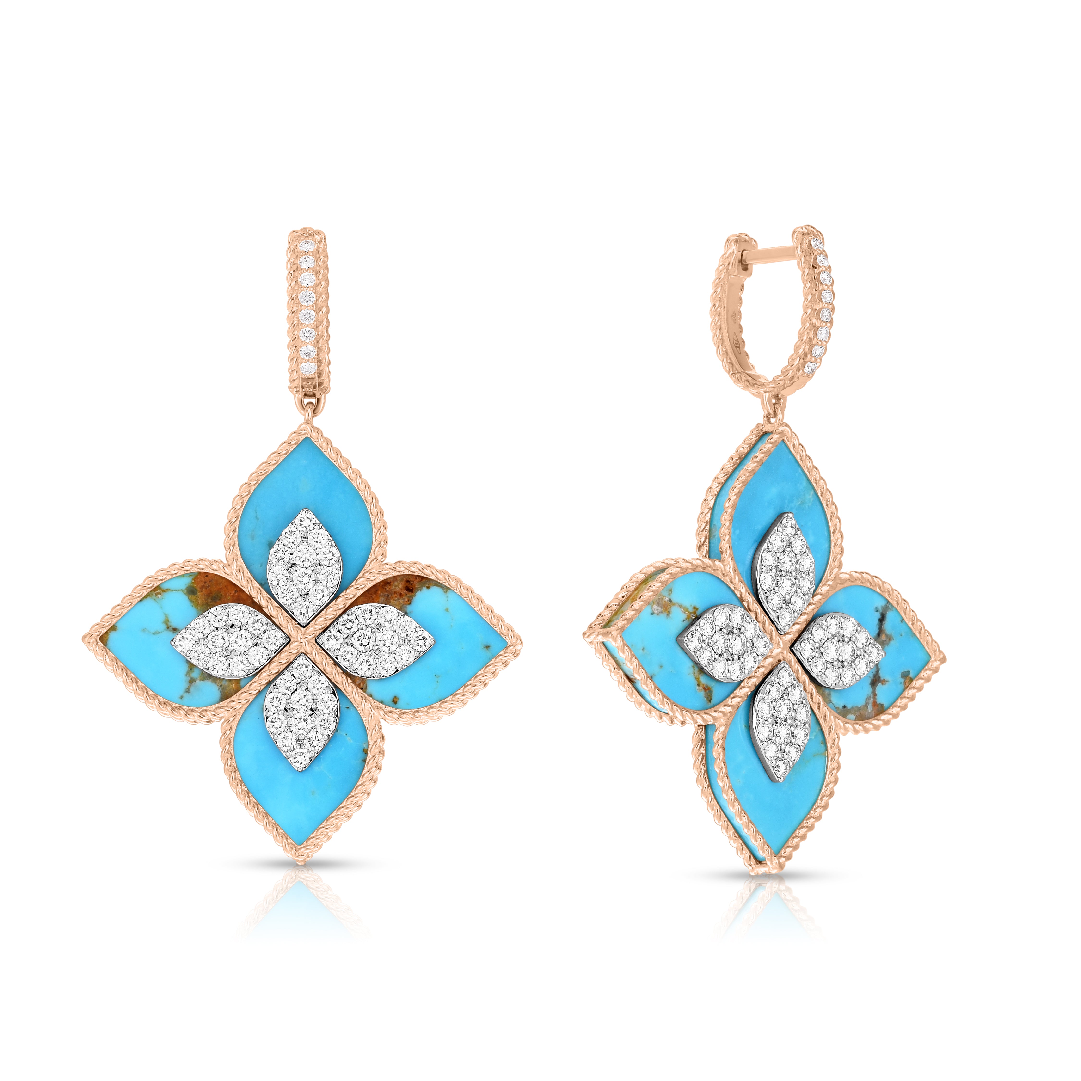 18K ROSE/WHITE GOLD VENETIAN PRINCESS LARGE DIAMOND & TURQUOISE DROP EARRINGS