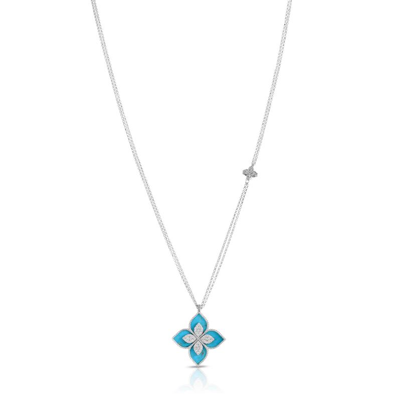 18K WHITE GOLD VENETIAN PRINCESS LARGE DIAMOND & TURQUOISE FLOWER LONG NECKLACE