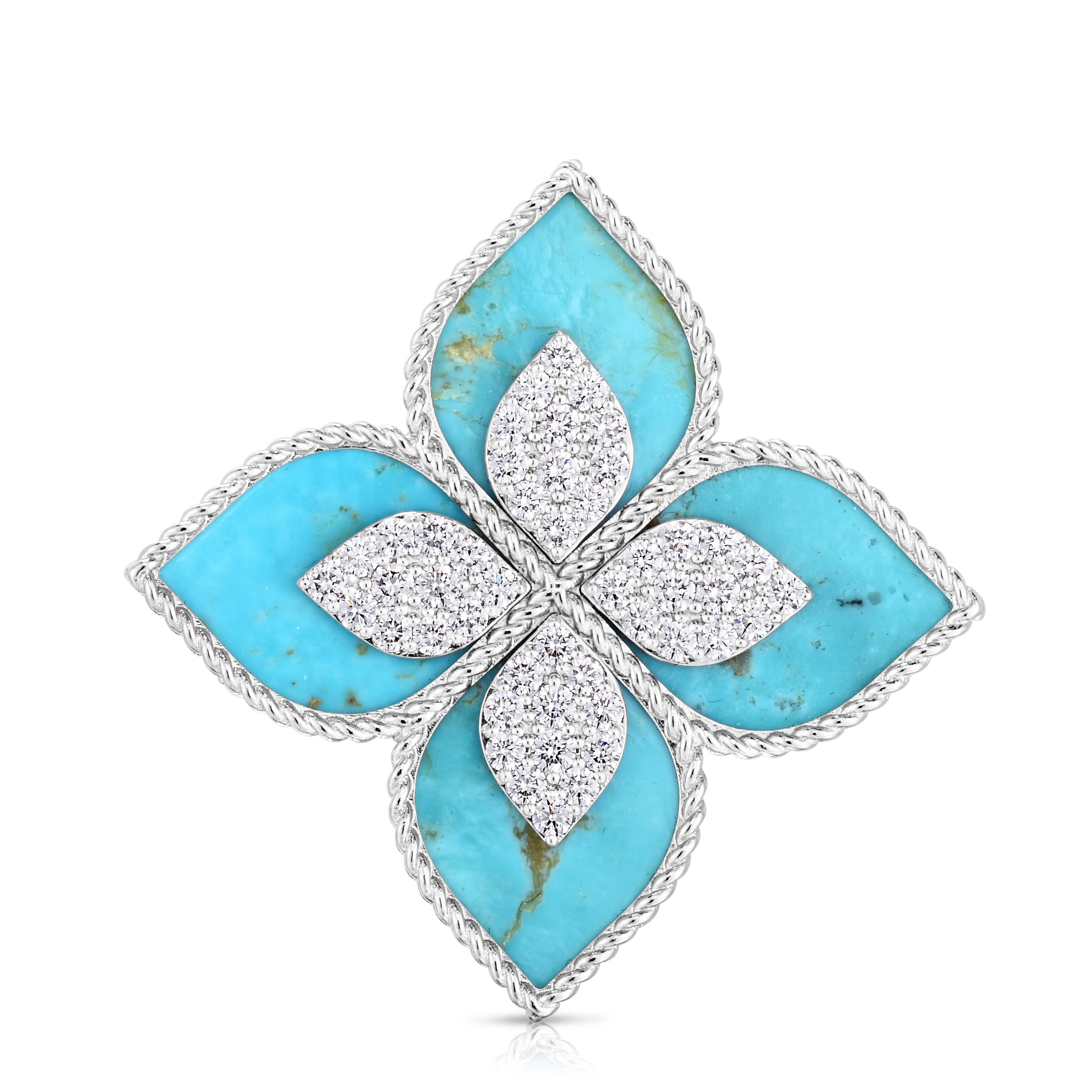18K WHITE GOLD VENENTIAN PRINCESS LARGE DIAMOND & TURQUOISE FLOWER RING