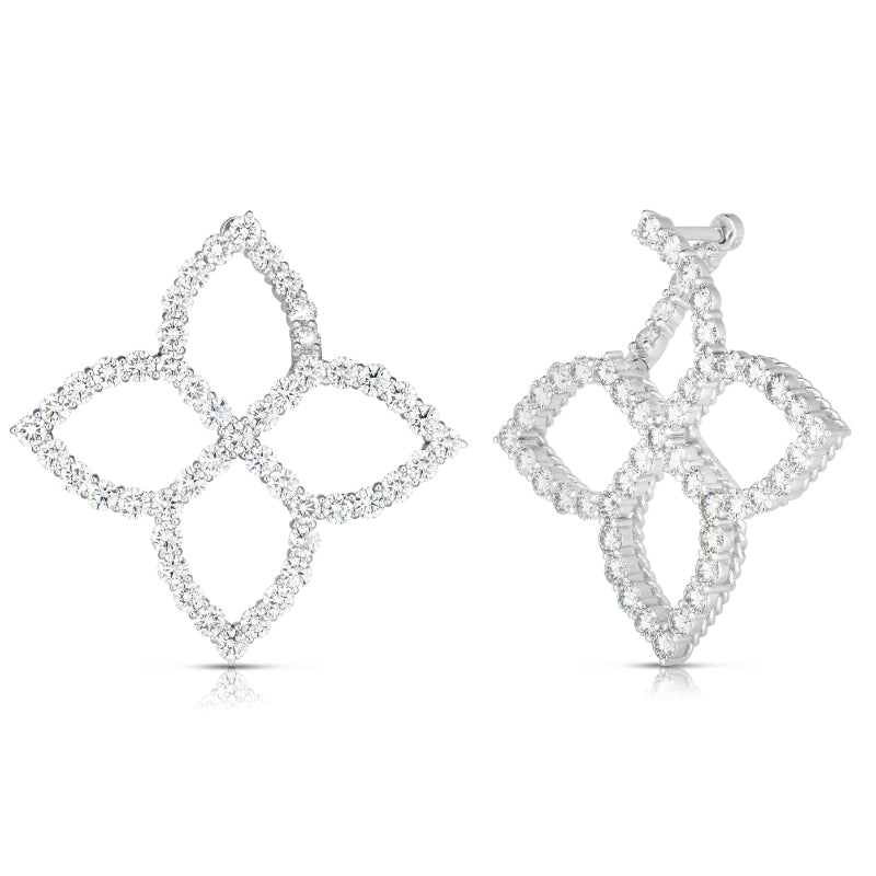 18K WHITE GOLD DIAMOND PRINCESS MEDIUM OUTLINE FLOWER EARRINGS