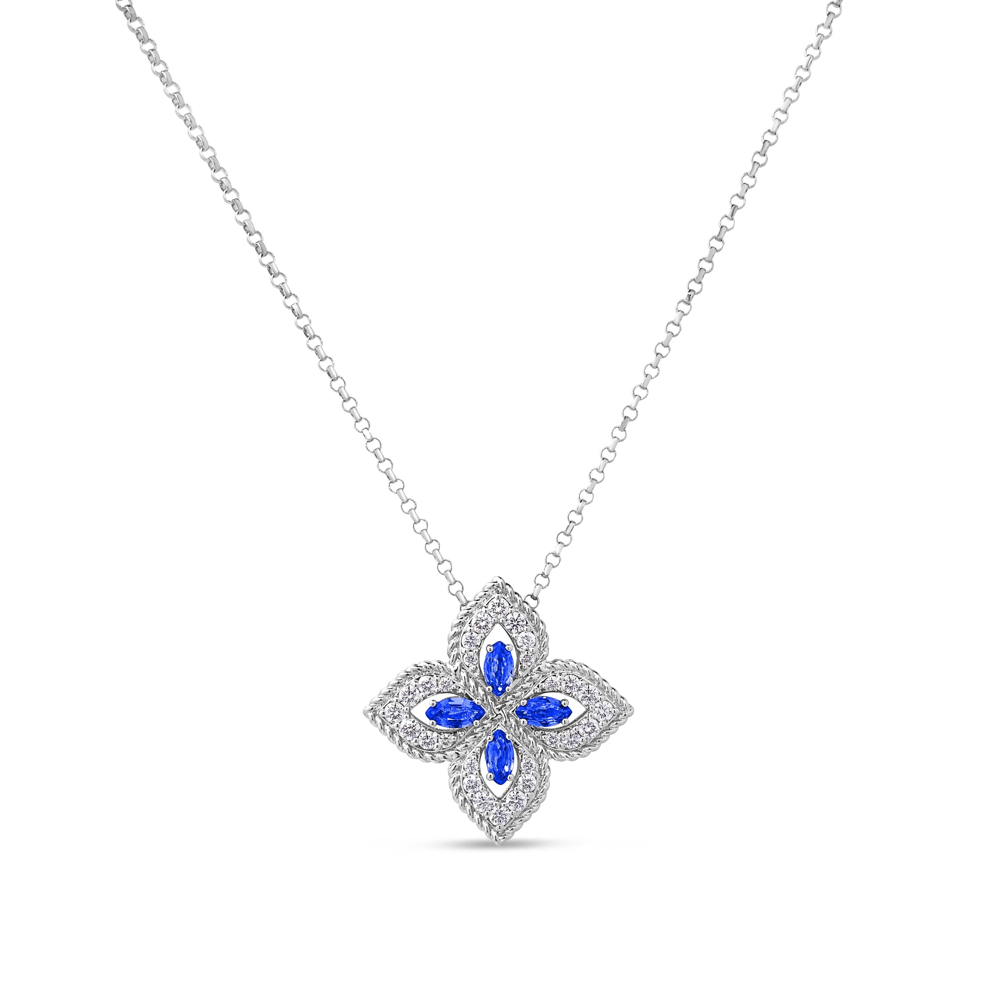 18K WHITE GOLD PRINCESS FLOWER PAVE DIAMOND AND BLUE SAPPHIRE NECKLACE