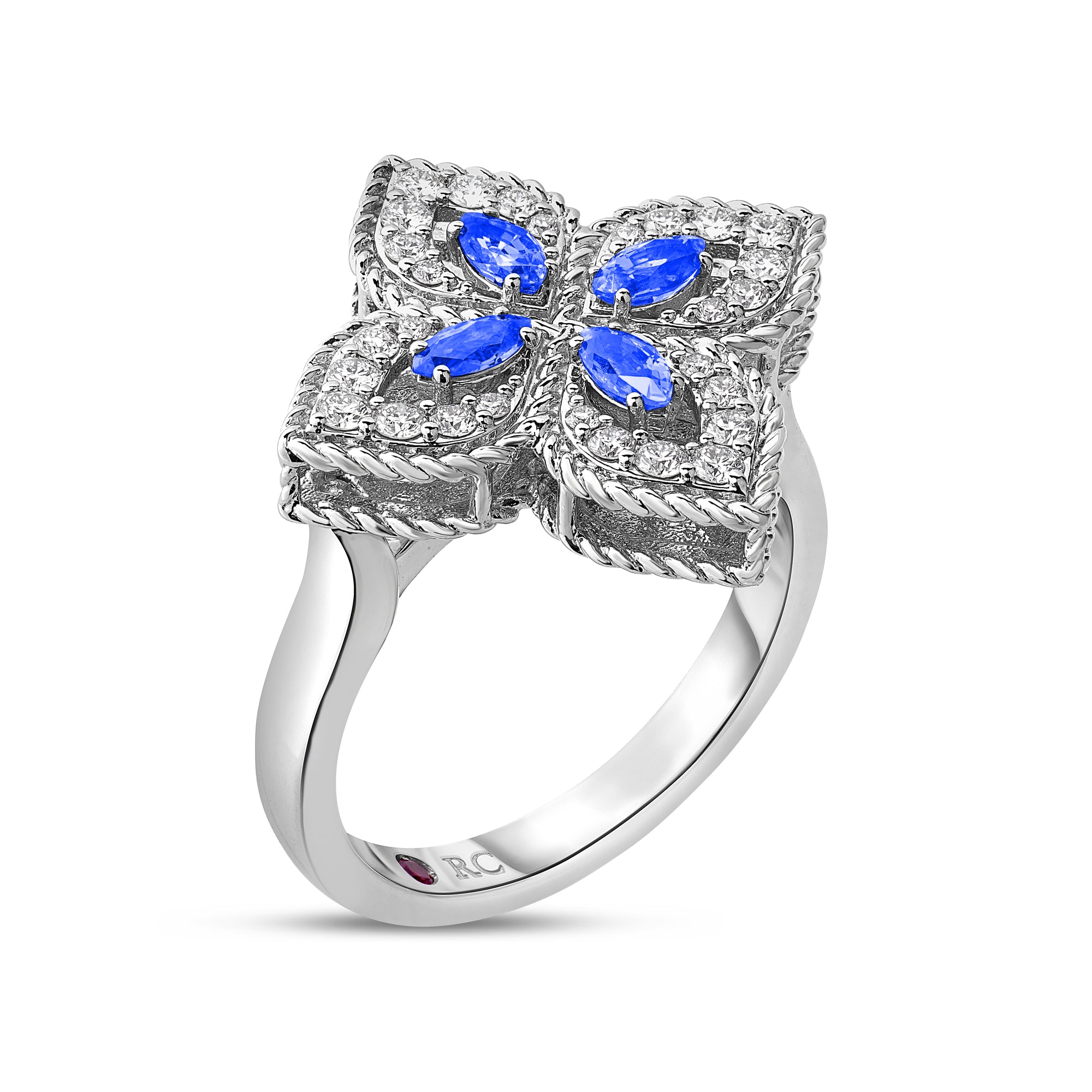 18K WHITE GOLD PRINCESS FLOWER PAVE DIAMOND AND BLUE SAPPHIRE RING