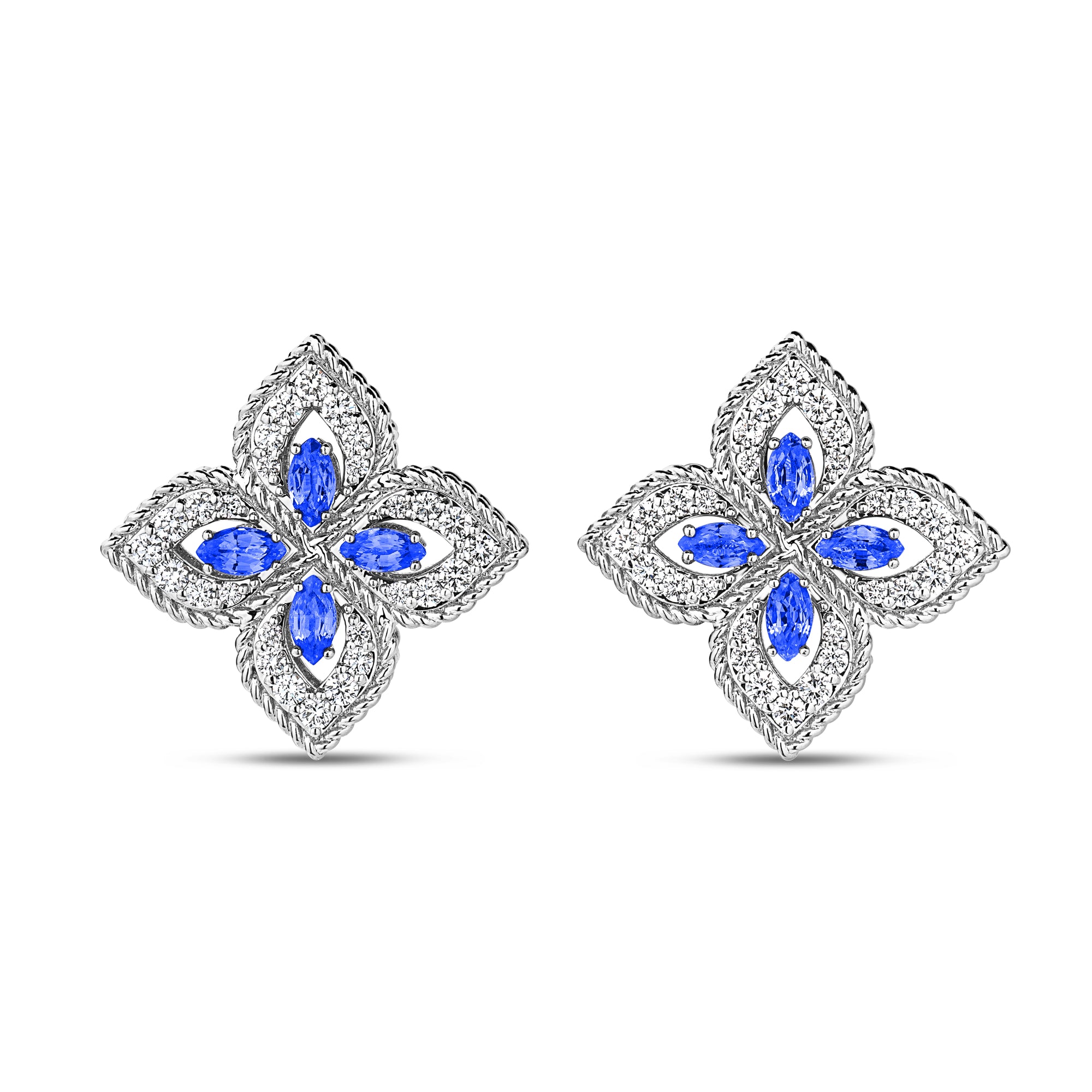 18K WHITE GOLD PRINCESS FLOWER PAVE DIAMOND AND BLUE SAPPHIRE STUD EARRINGS