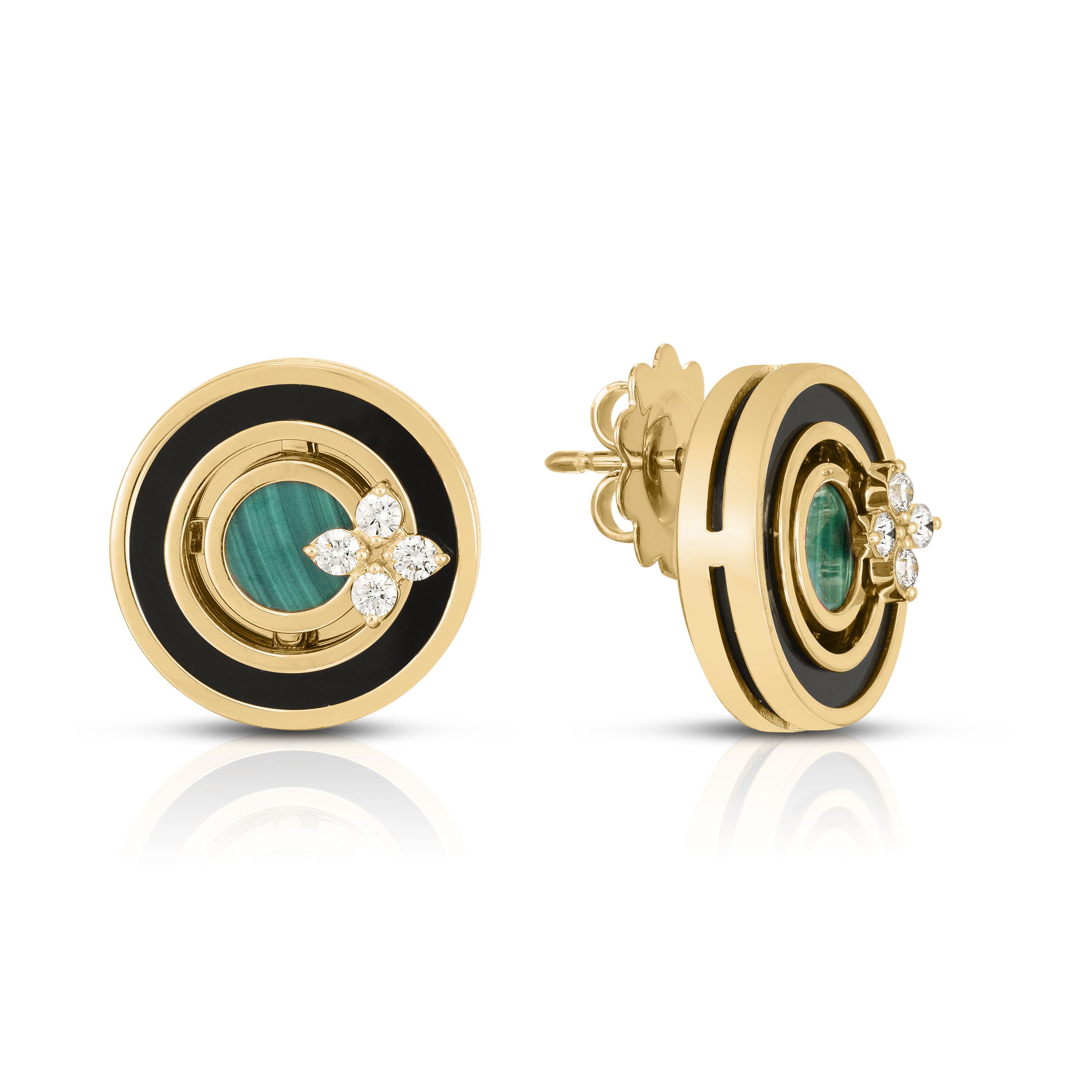 18K YELLOW GOLD LOVE IN VERONA DIAMOND, BLACK JADE, & MALACHITE MEDALLION EARRINGS
