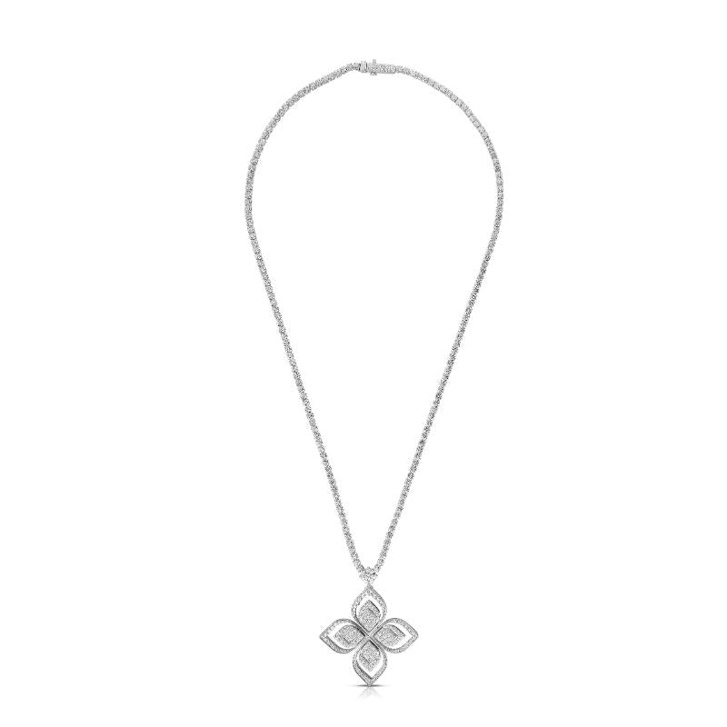 18K WHITE GOLD VENETIAN PRINCESS PAVE PENDANT AND CHAIN FLOWER NECKLACE