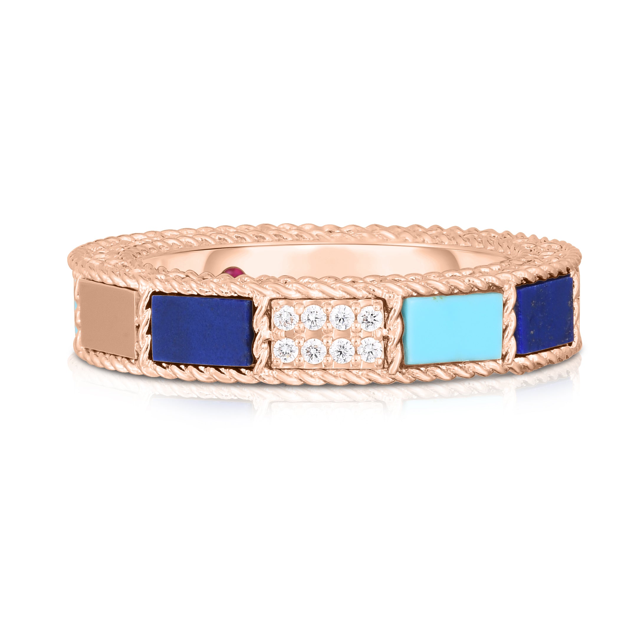 18K ROSE GOLD ART DECO MOSAIC ALTERNATING DIAMOND, LAPIS, & TURQUOISE RING