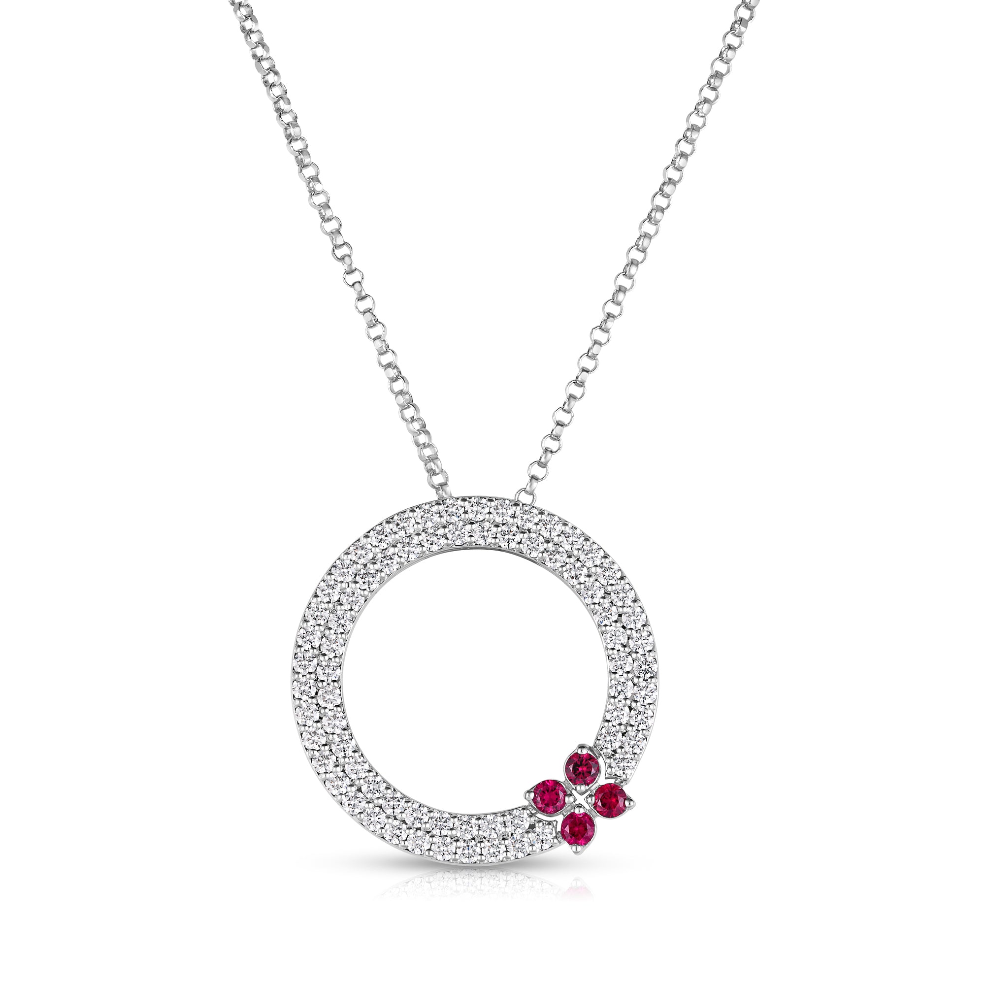 18K WHITE GOLD LOVE IN VERONA PAVE DIAMOND AND RUBY CIRCLE NECKLACE