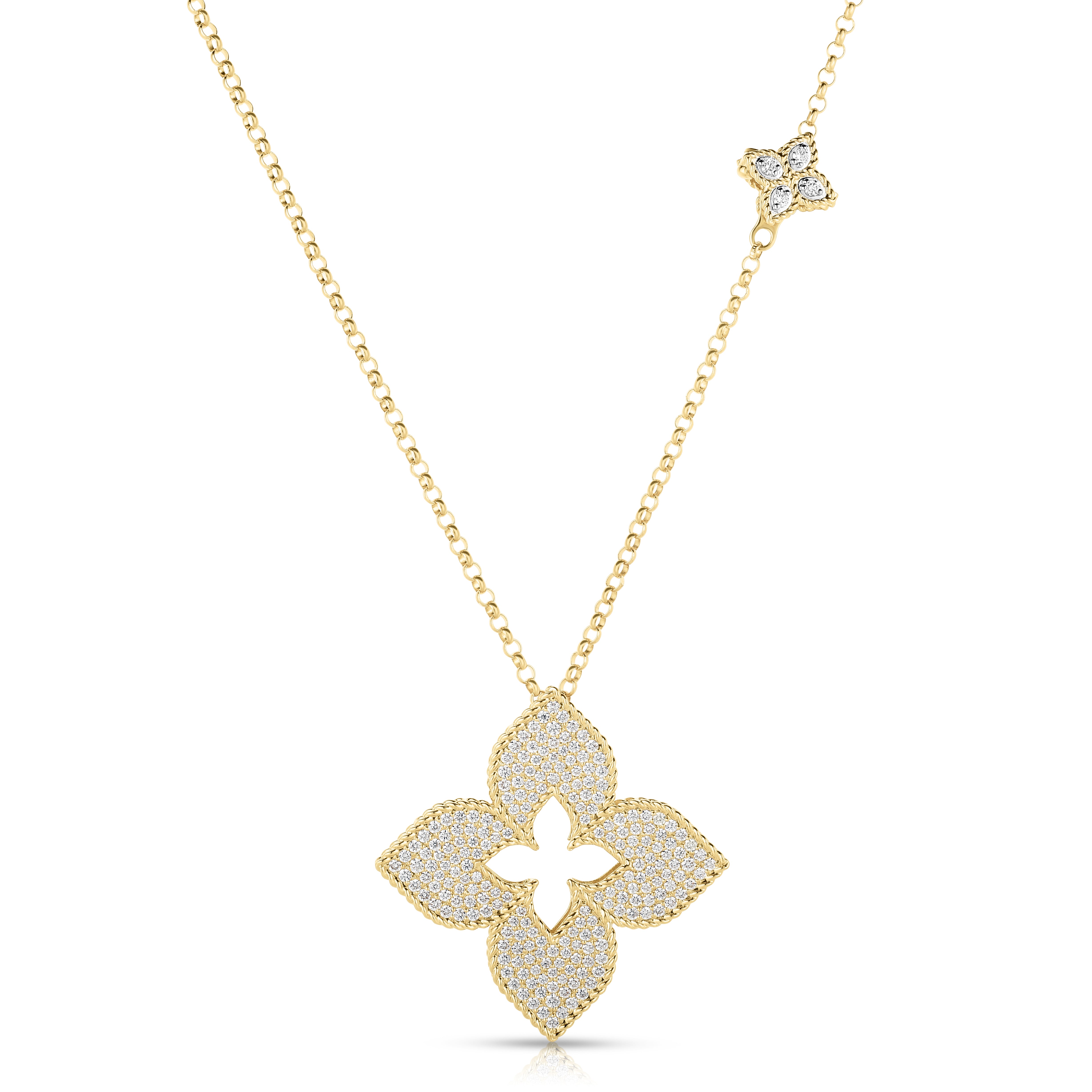 18K YELLOW GOLD VENETIAN PRINCESS LARGE PAVE DIAMOND FLOWER LONG NECKLACE