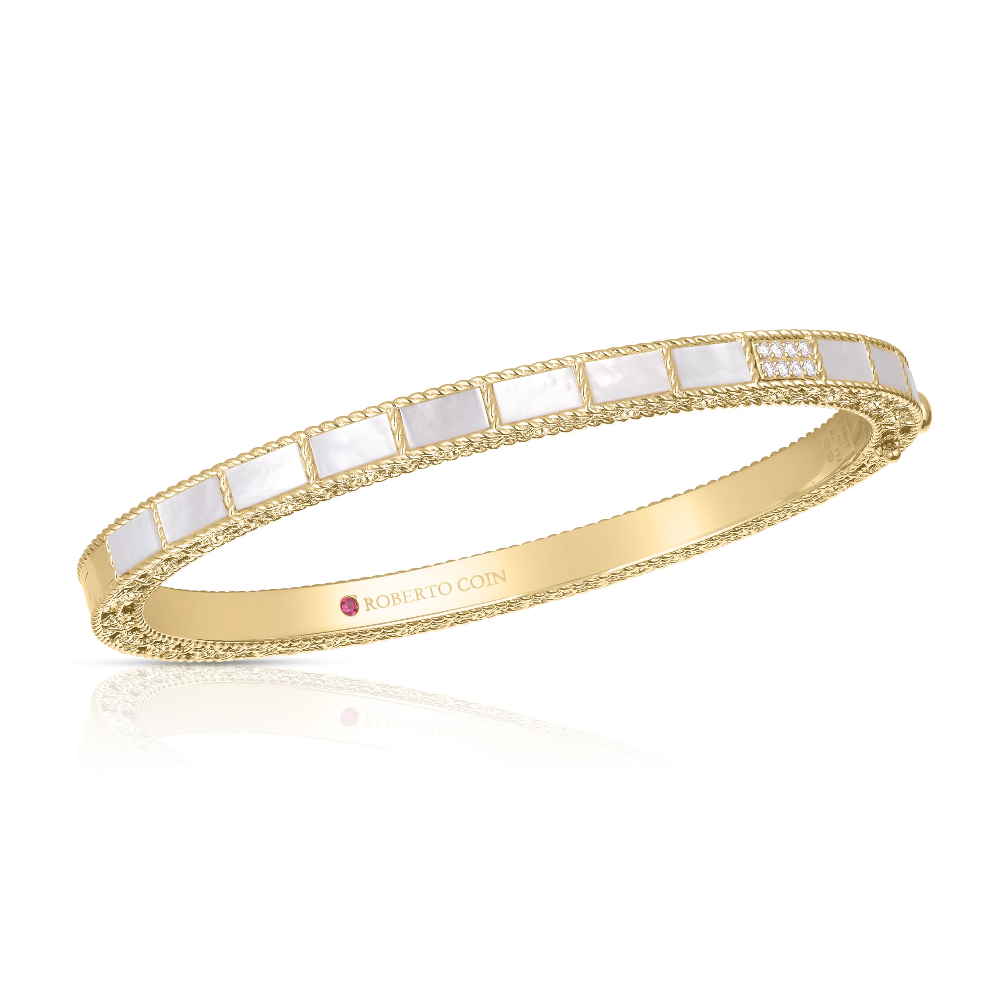 18K YELLOW GOLD ART DECO MOSAIC DIAMOND ACCENT & MOTHER OF PEARL BANGLE